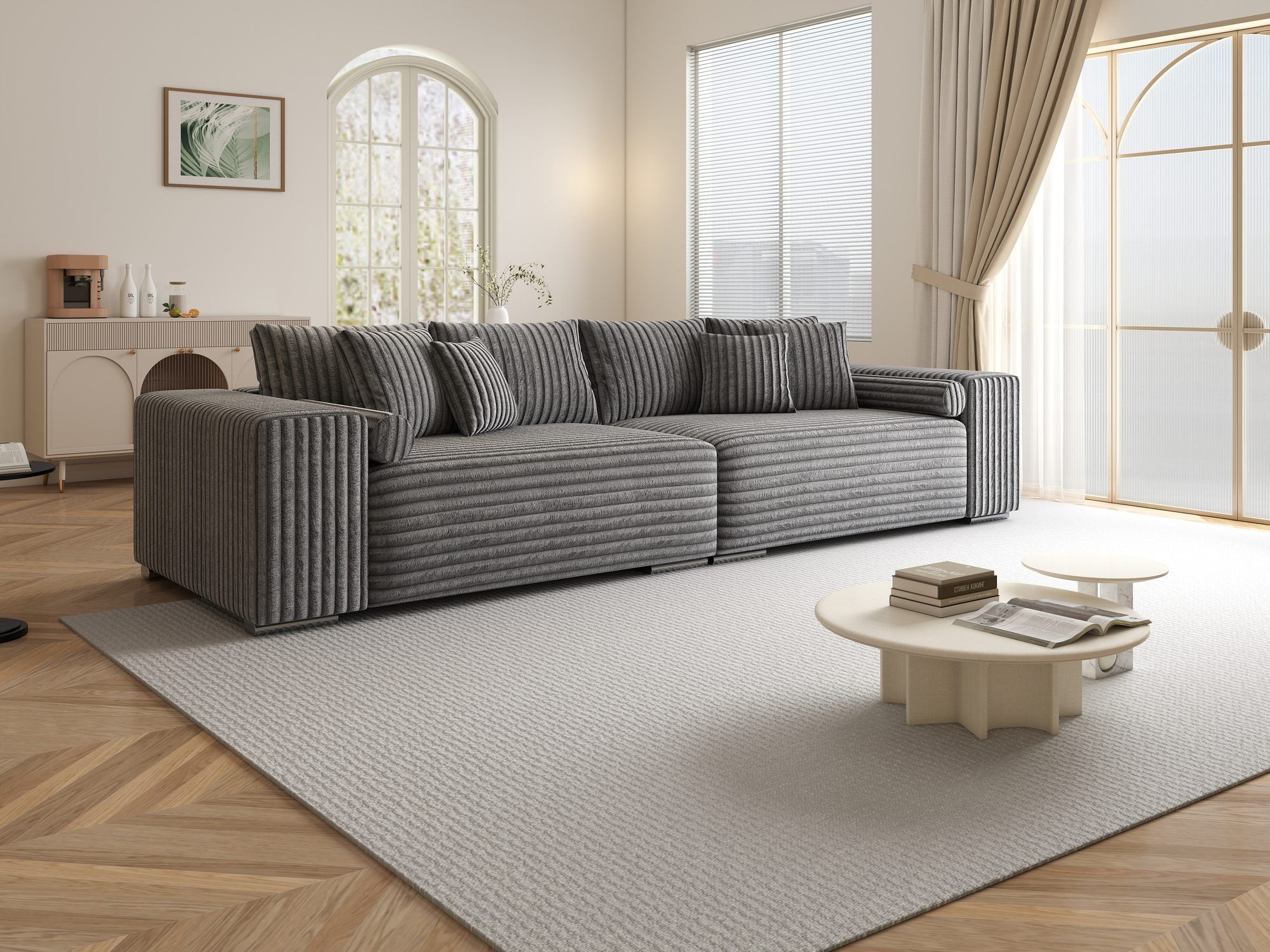 Canapea extensibilă dumonde cu ladă de depozitare si sezut confortabil din spuma high-density, Marbela XXL Tilia Gri 90 290x100 cm