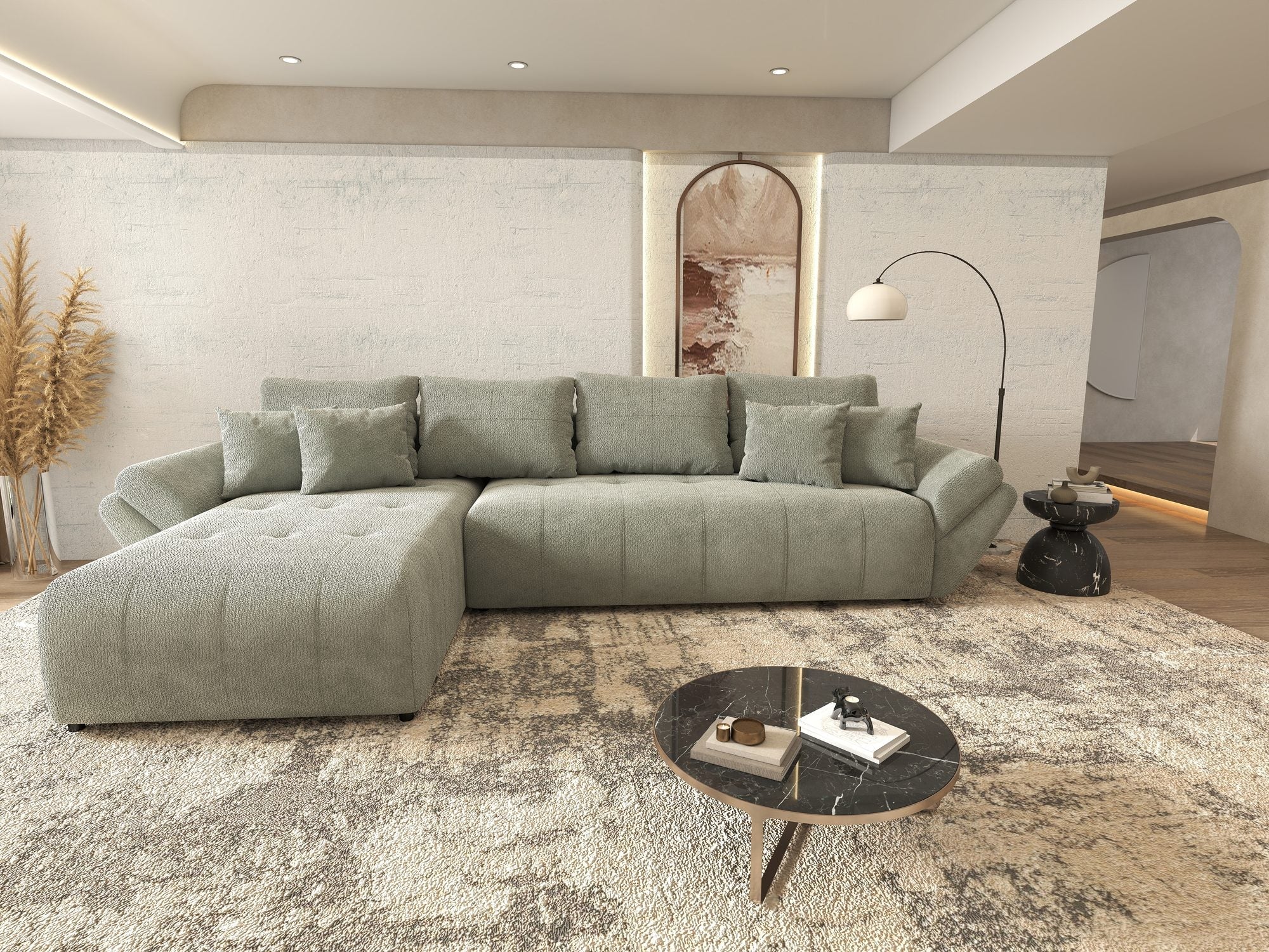 Colțar extensibil dumonde cu ladă de depozitare si sezut confortabil din spuma high-density, Berlin XL Vibe Mint 85 350x185 cm
