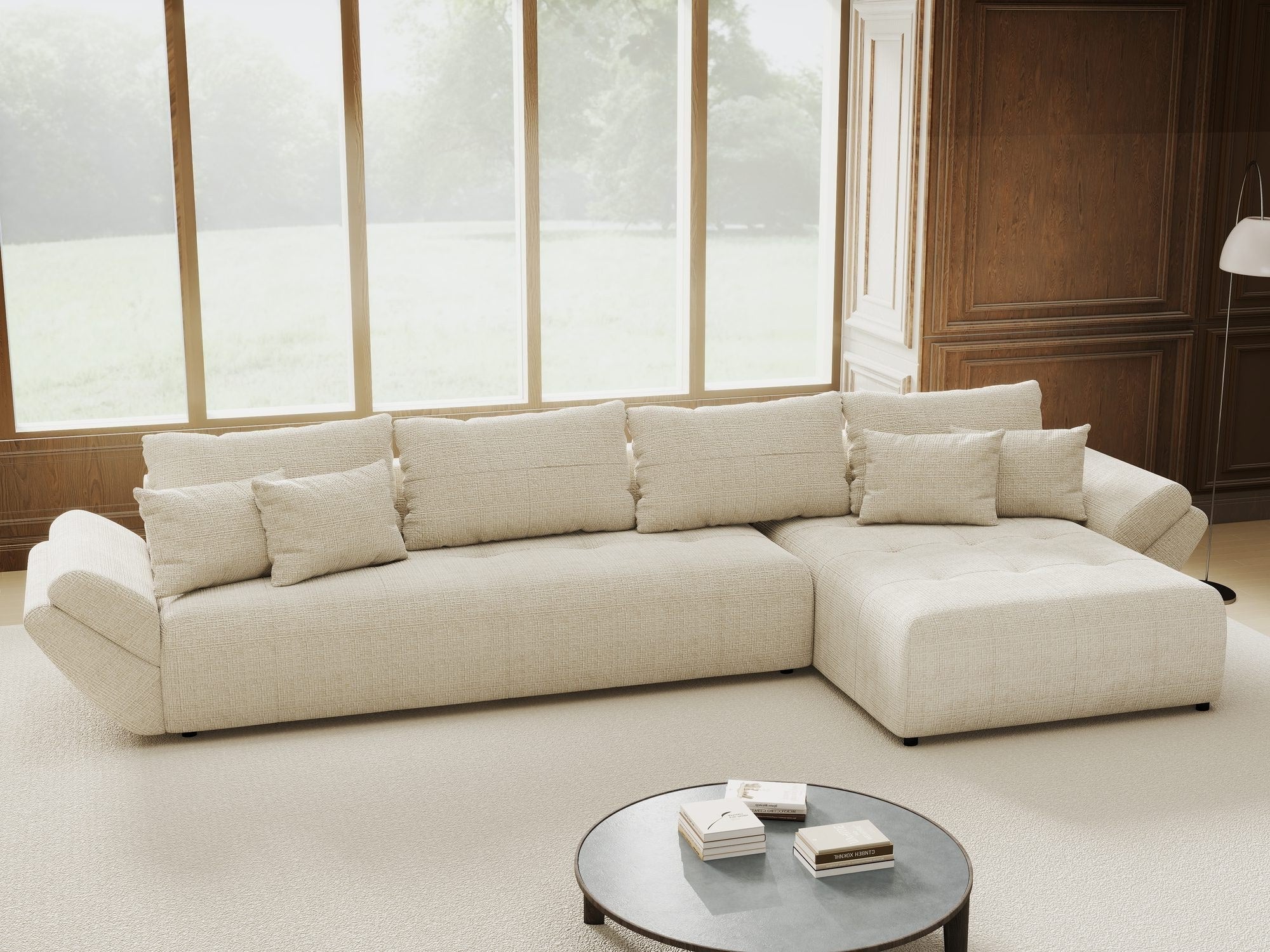 Colțar extensibil dumonde cu ladă de depozitare si sezut confortabil din spuma high-density, Berlin XL Cremona Gri 2 II 350x185 cm