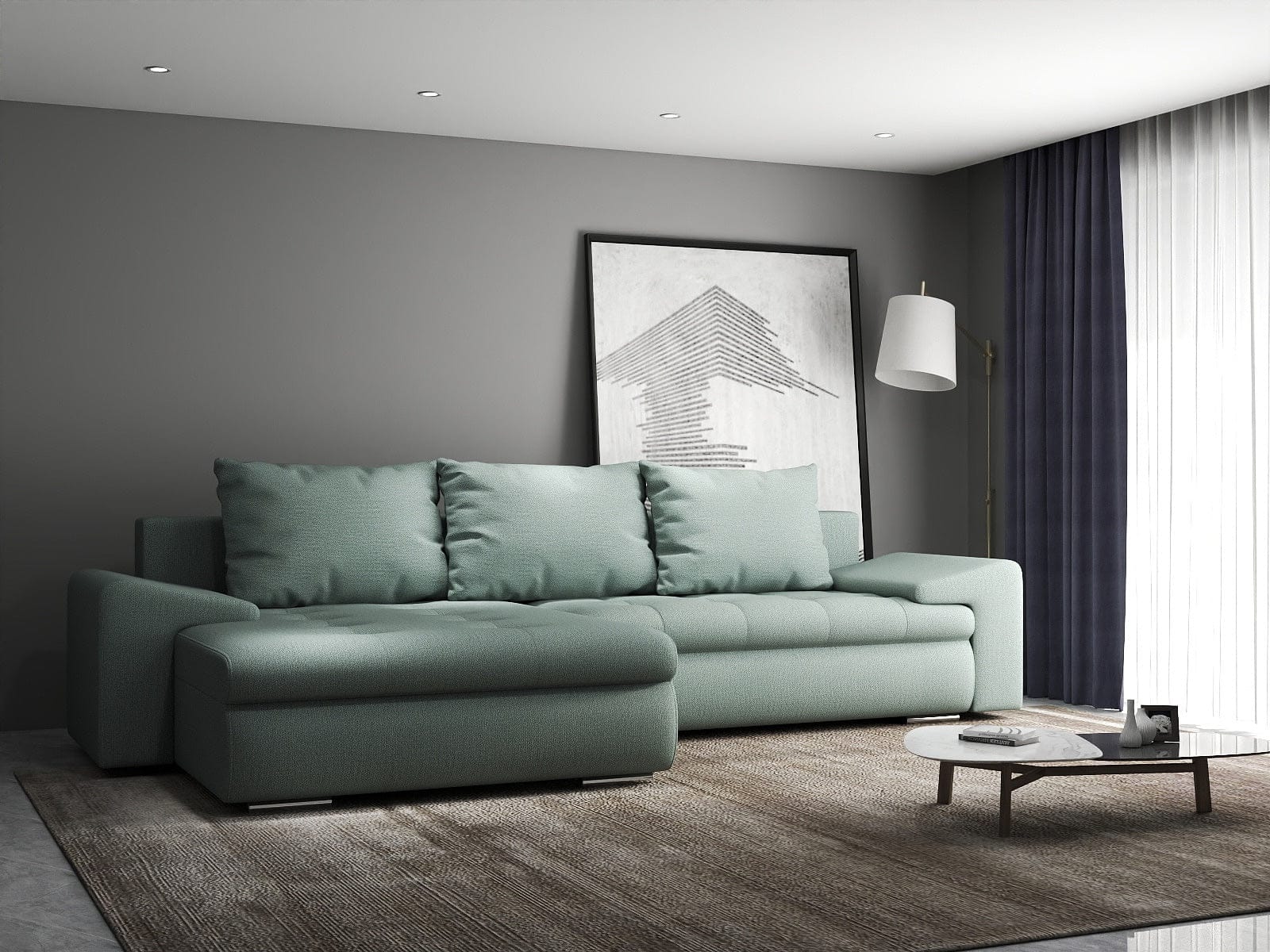 Colțar extensibil dumonde cu ladă de depozitare si sezut confortabil din spuma HR, Leonardo Enjoy Mint 260x185 cm Fabrica