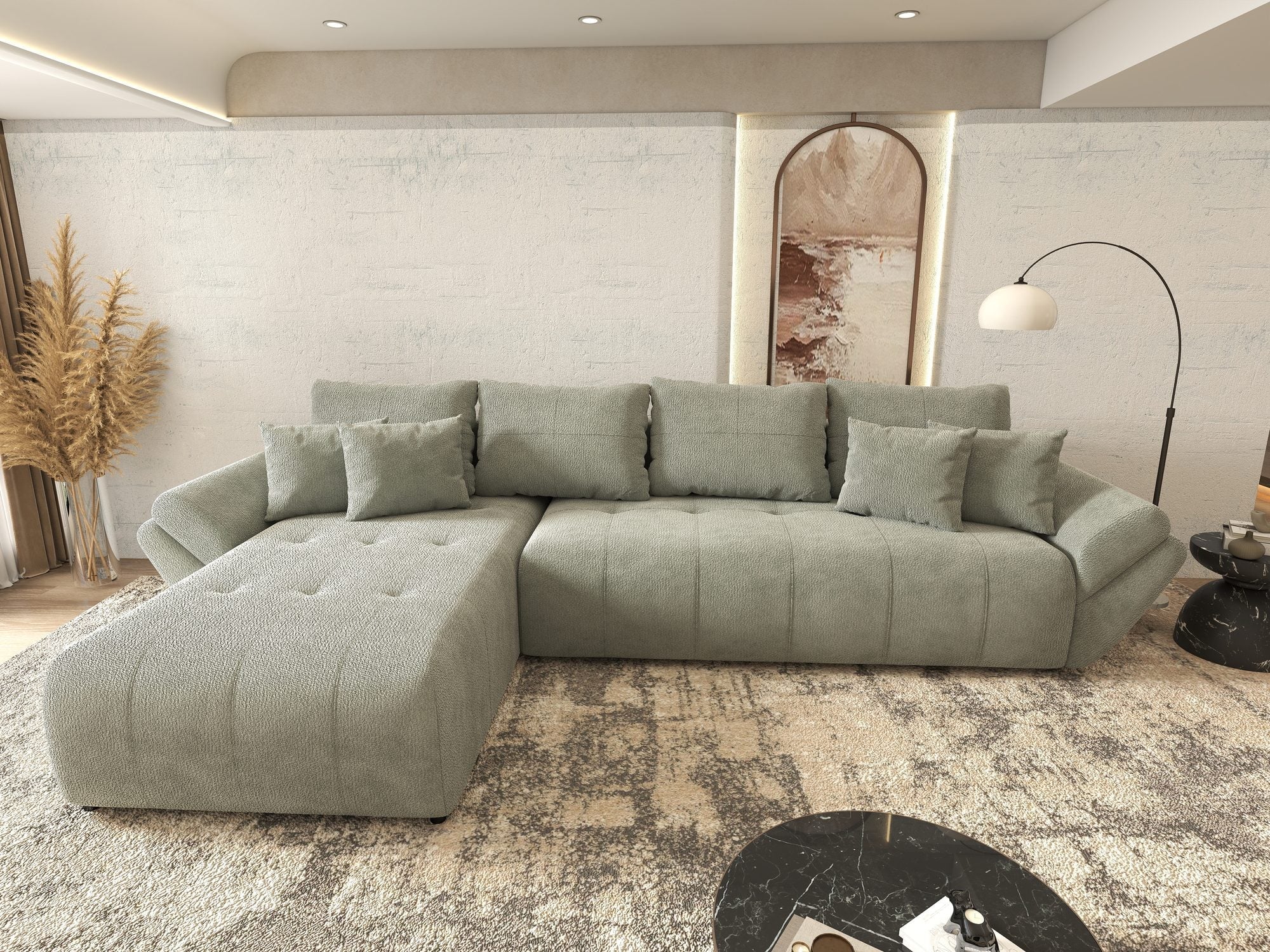 Colțar extensibil dumonde cu ladă de depozitare si sezut confortabil din spuma high-density, Berlin XL Vibe Mint 85 350x185 cm