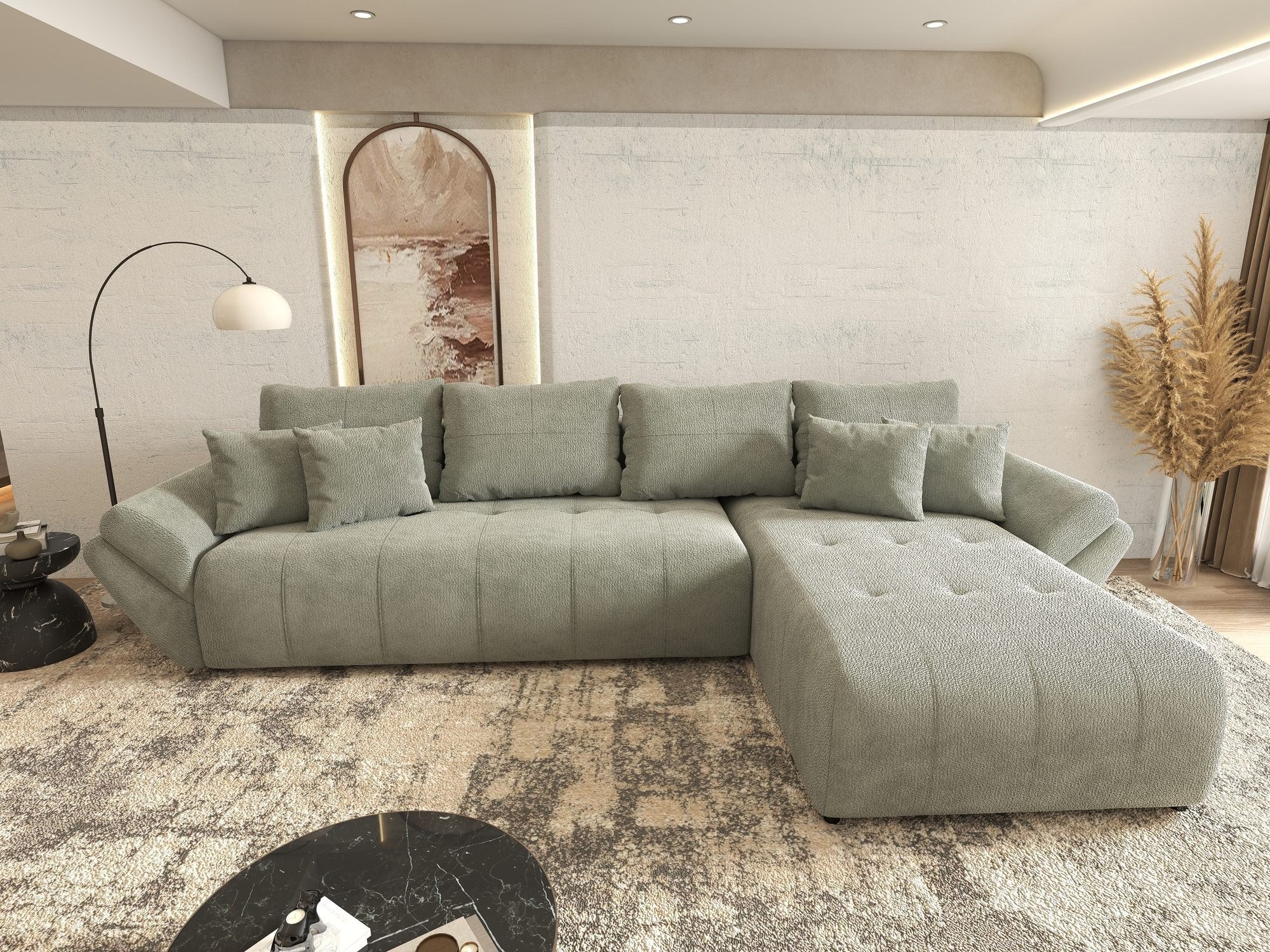 Colțar extensibil dumonde cu ladă de depozitare si sezut confortabil din spuma high-density, Berlin XL Vibe Mint 85 II 350x185 cm