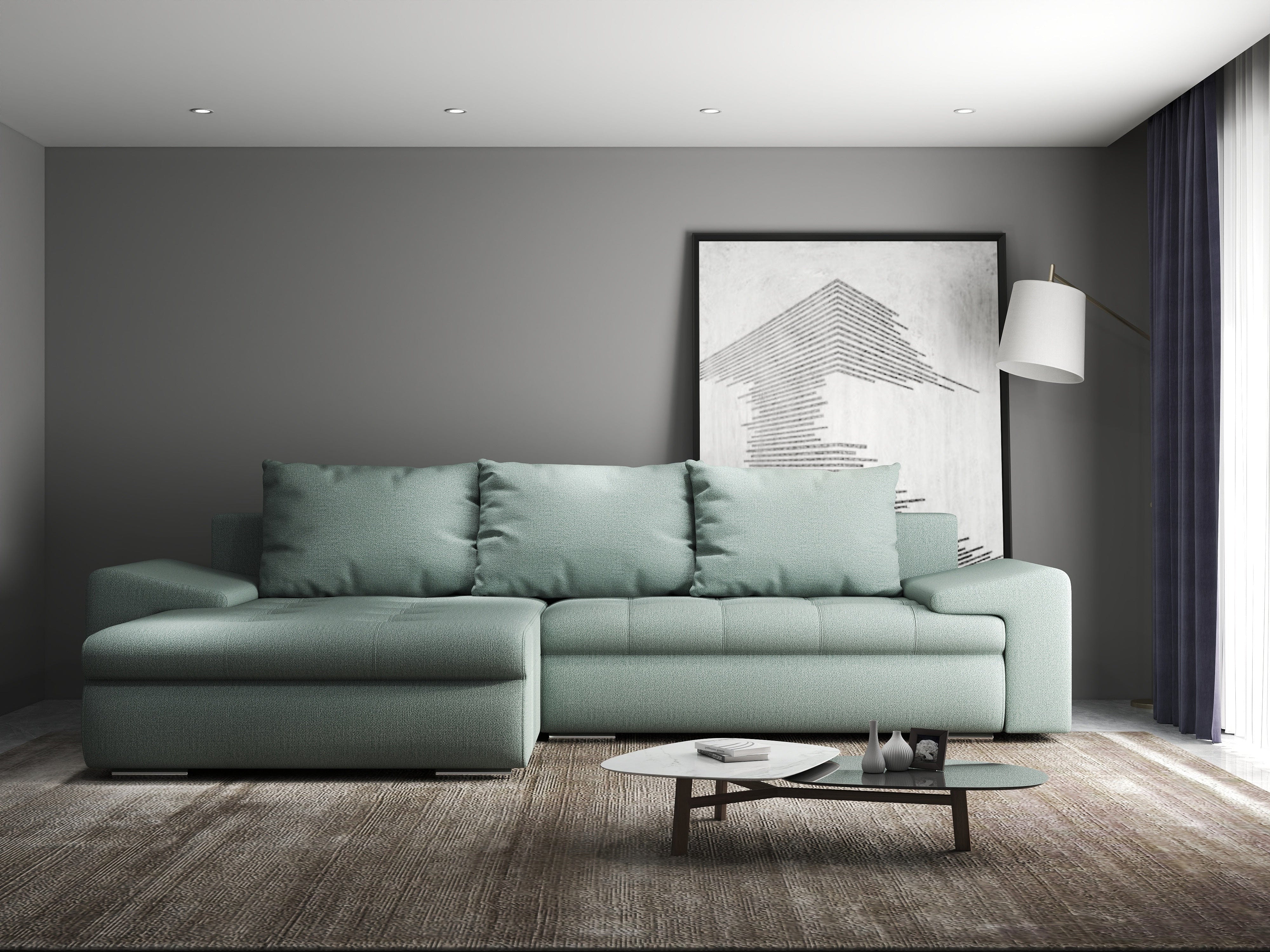 Colțar extensibil dumonde cu ladă de depozitare si sezut confortabil din spuma HR, Leonardo Enjoy Mint 260x185 cm Fabrica