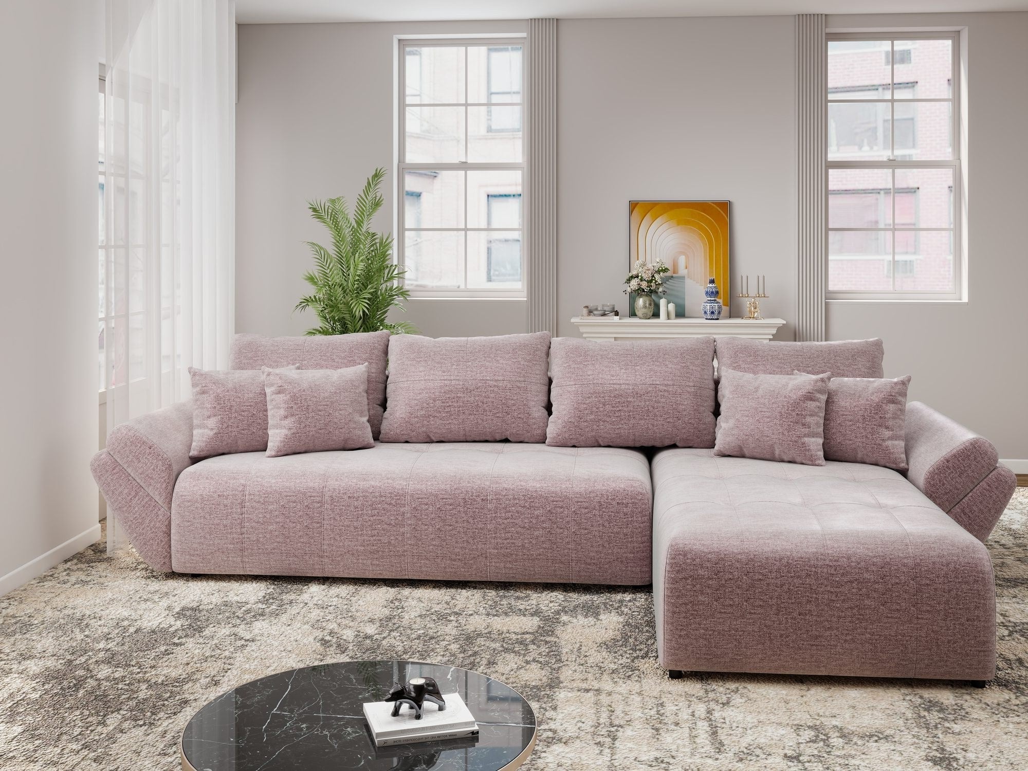 Colțar extensibil dumonde cu ladă de depozitare si sezut confortabil din spuma high-density, Berlin XL Monolith Roz Pudrat 62 II 350x185 cm