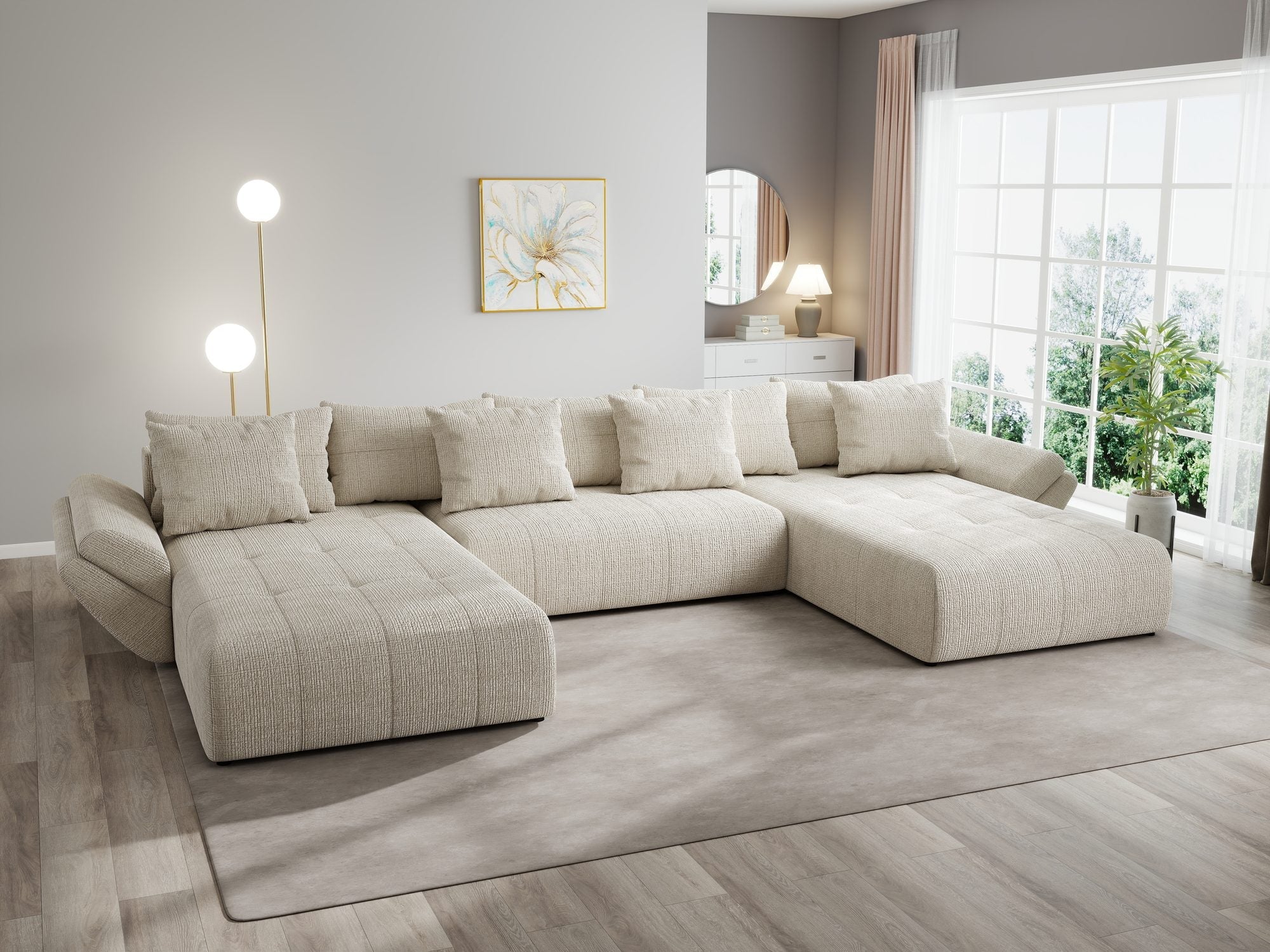 Colțar extensibil dumonde cu ladă de depozitare si sezut confortabil din spuma high-density, Berlin U Cremona Gri Deschis 02 380x180 cm