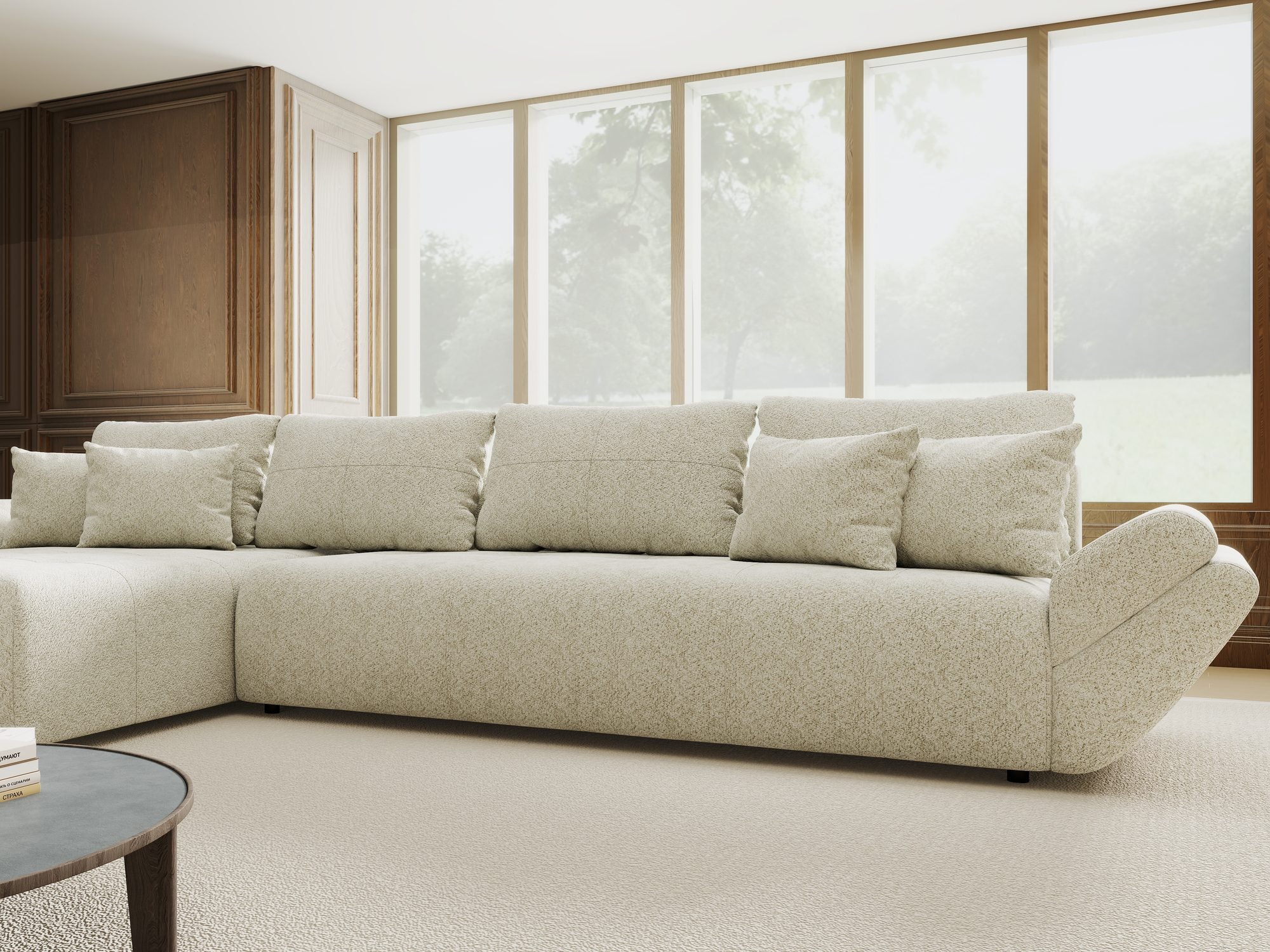 Colțar extensibil dumonde cu ladă de depozitare si sezut confortabil din spuma high-density, Berlin XL Arena Bej 20 350x185 cm