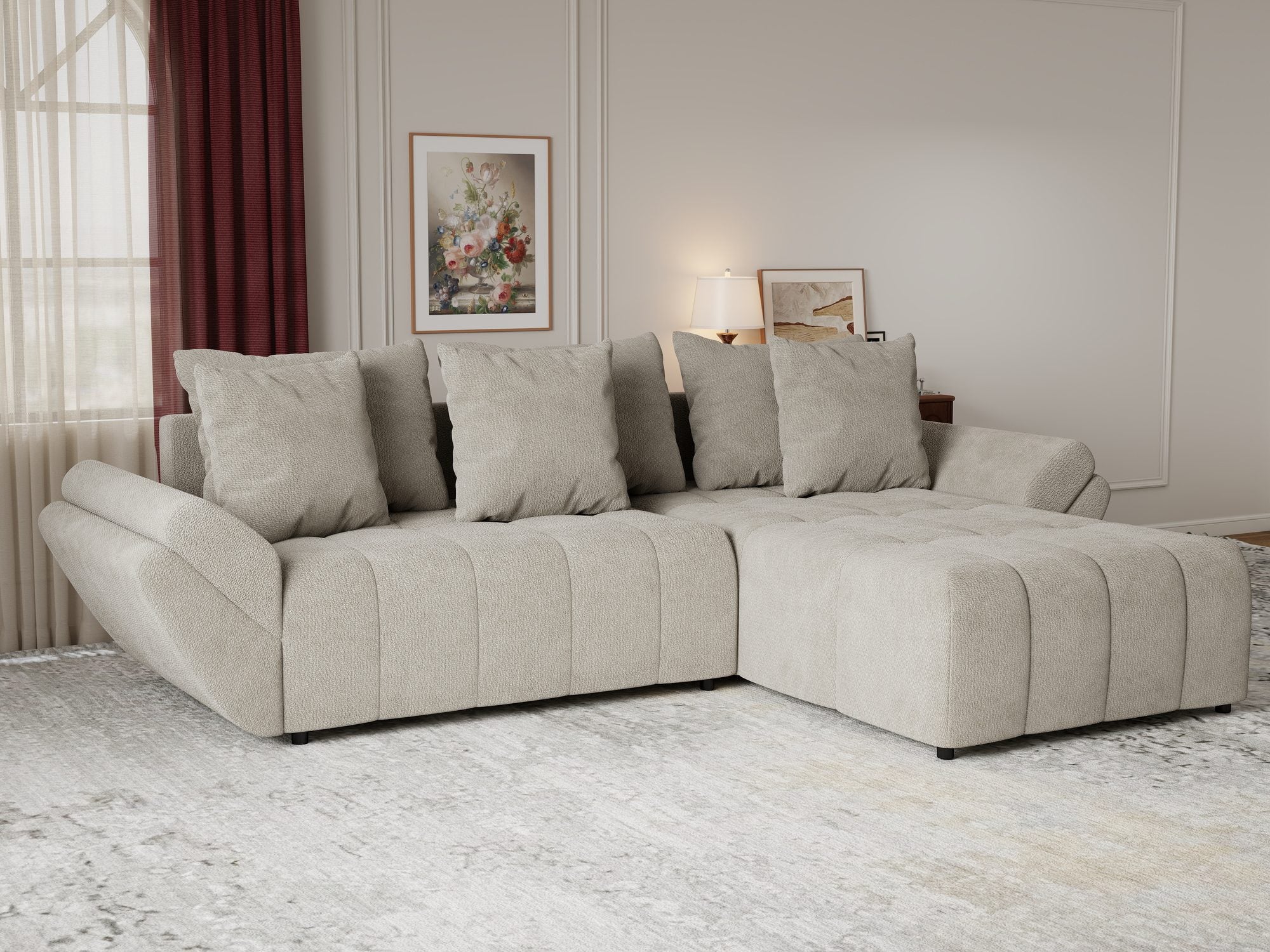 Colțar extensibil dumonde cu ladă de depozitare si sezut confortabil din spuma high-density, Berlin Vibe Bej 06 II 280x185 cm