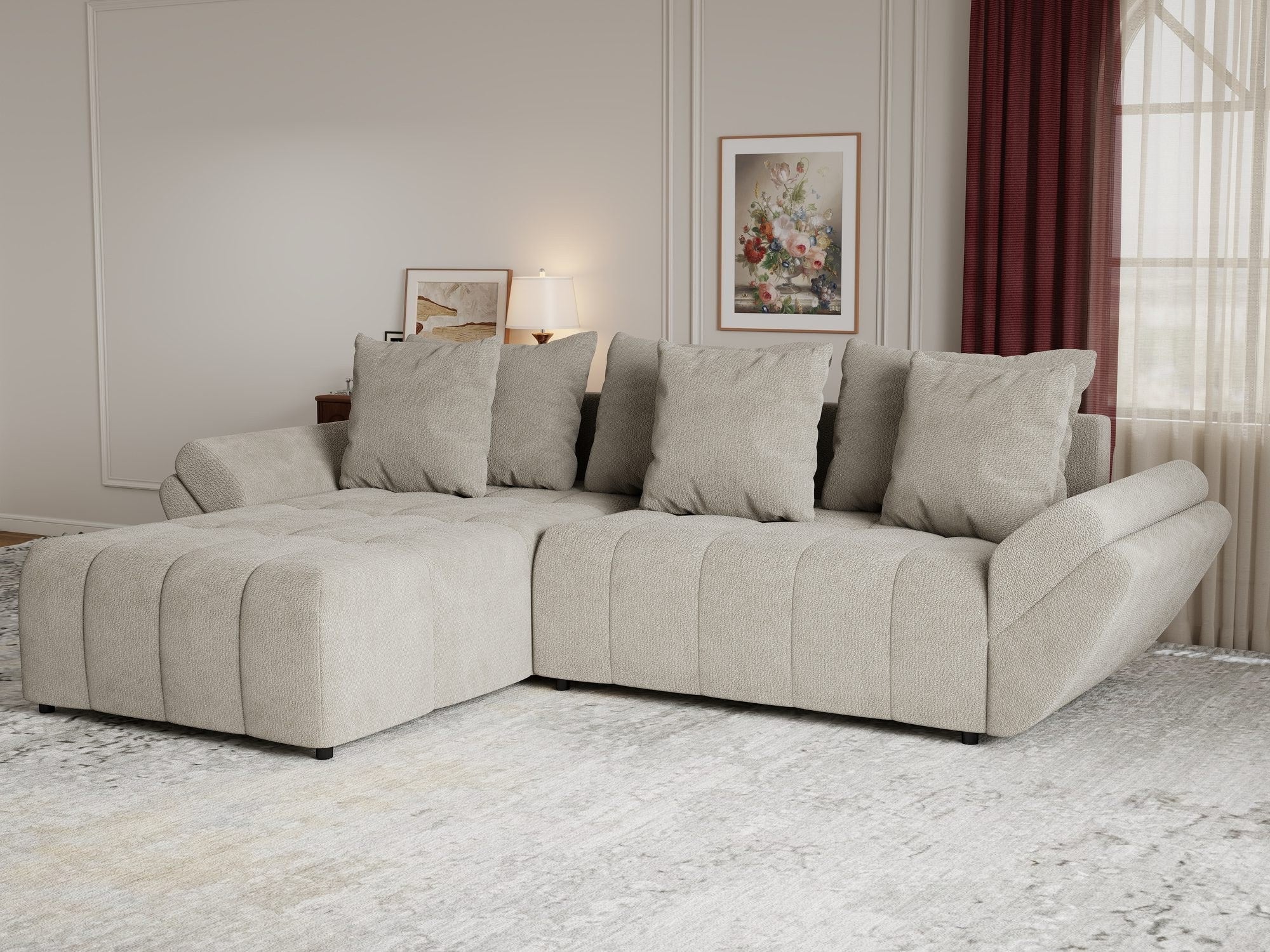 Colțar extensibil dumonde cu ladă de depozitare si sezut confortabil din spuma high-density, Berlin Vibe Bej 06 280x185 cm