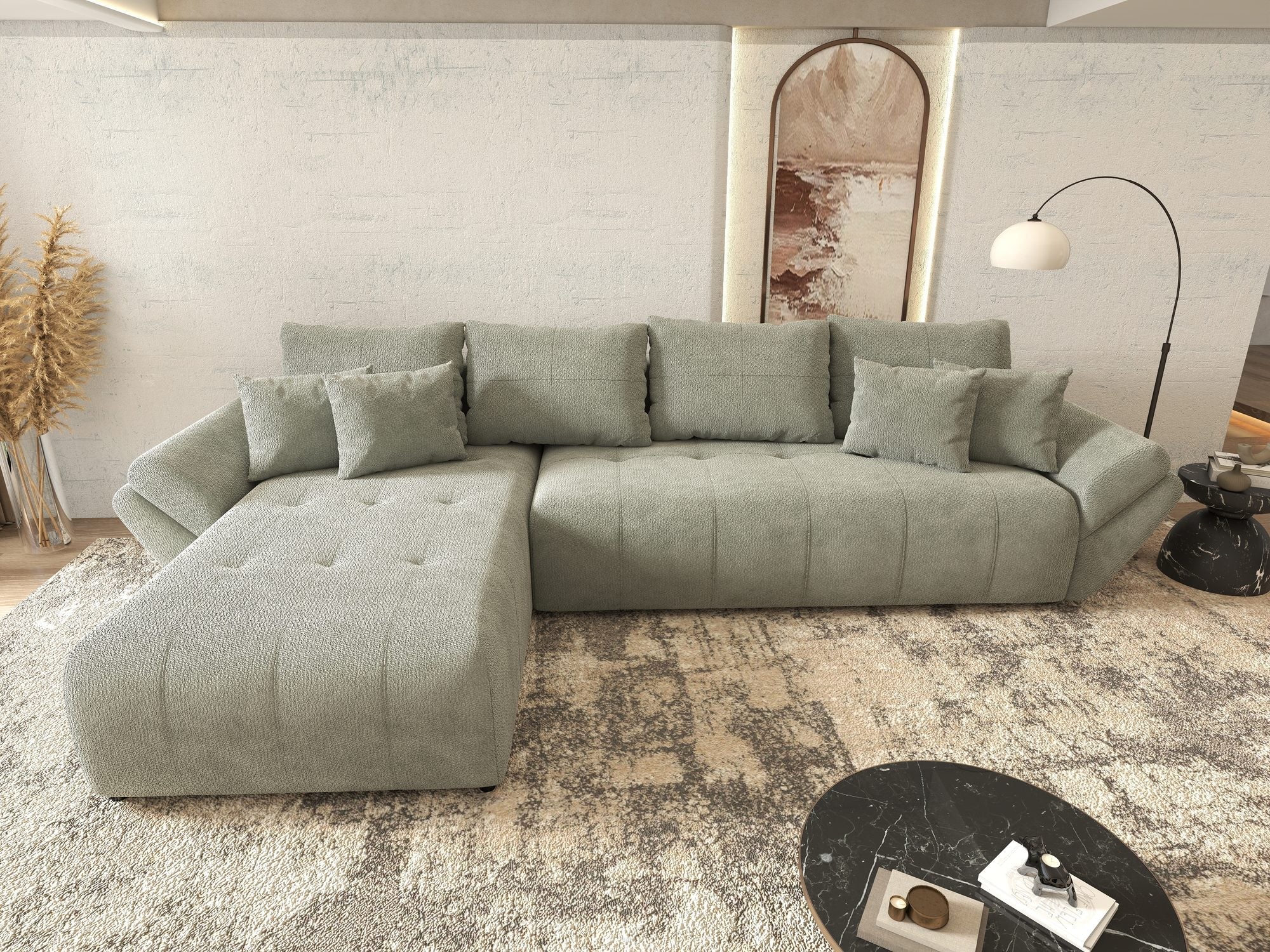 Colțar extensibil dumonde cu ladă de depozitare si sezut confortabil din spuma high-density, Berlin XL Vibe Mint 85 350x185 cm