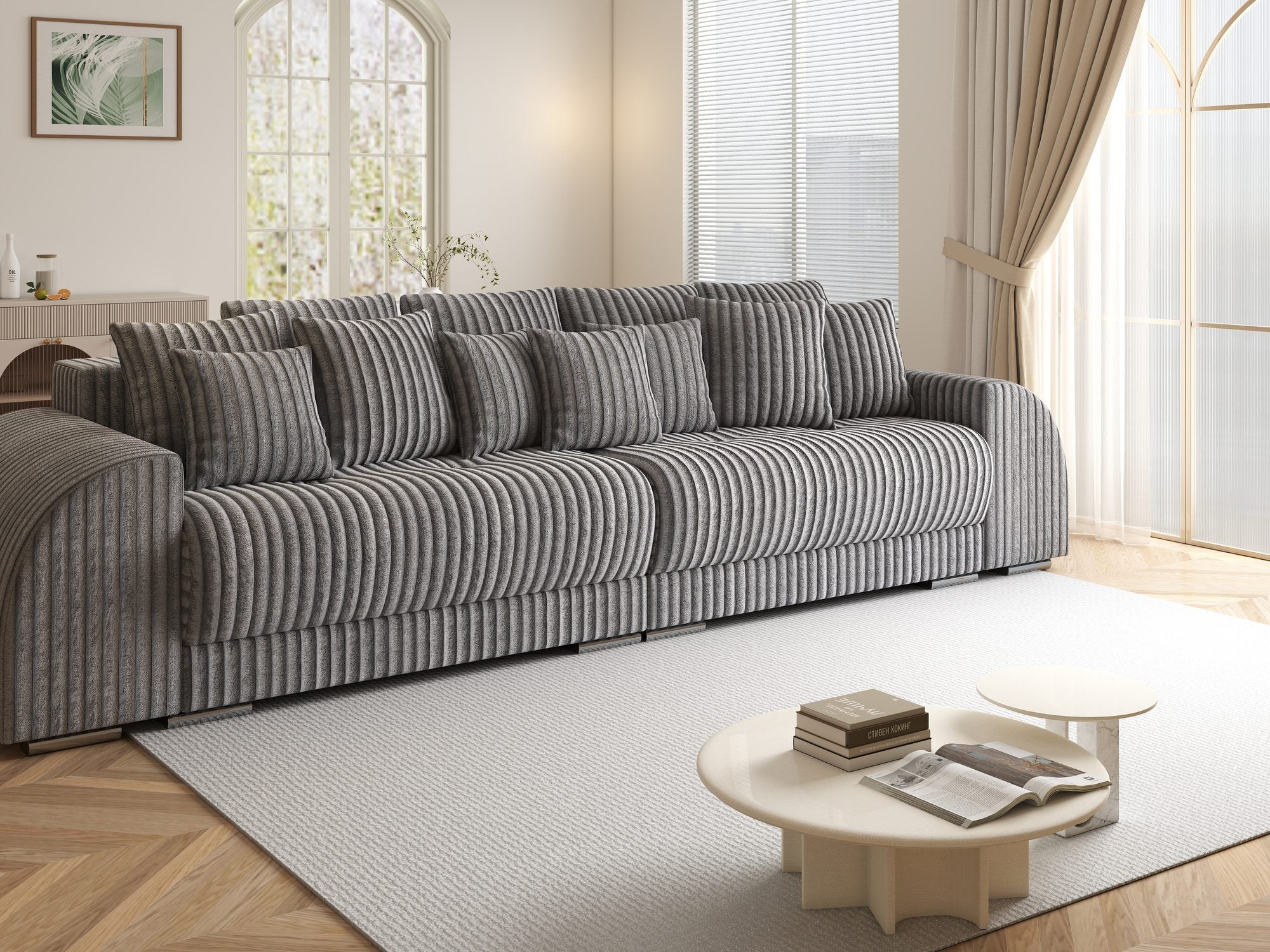 Canapea extensibilă dumonde cu 2 lăzi de depozitare si sezut confortabil din spuma high-density, Verona Tilia Gri 90 310x100 cm