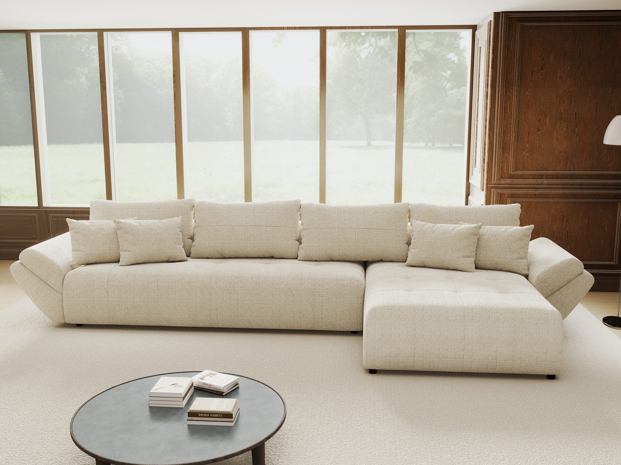 Colțar extensibil dumonde cu ladă de depozitare si sezut confortabil din spuma high-density, Berlin XL Cremona Gri 2 II 350x185 cm