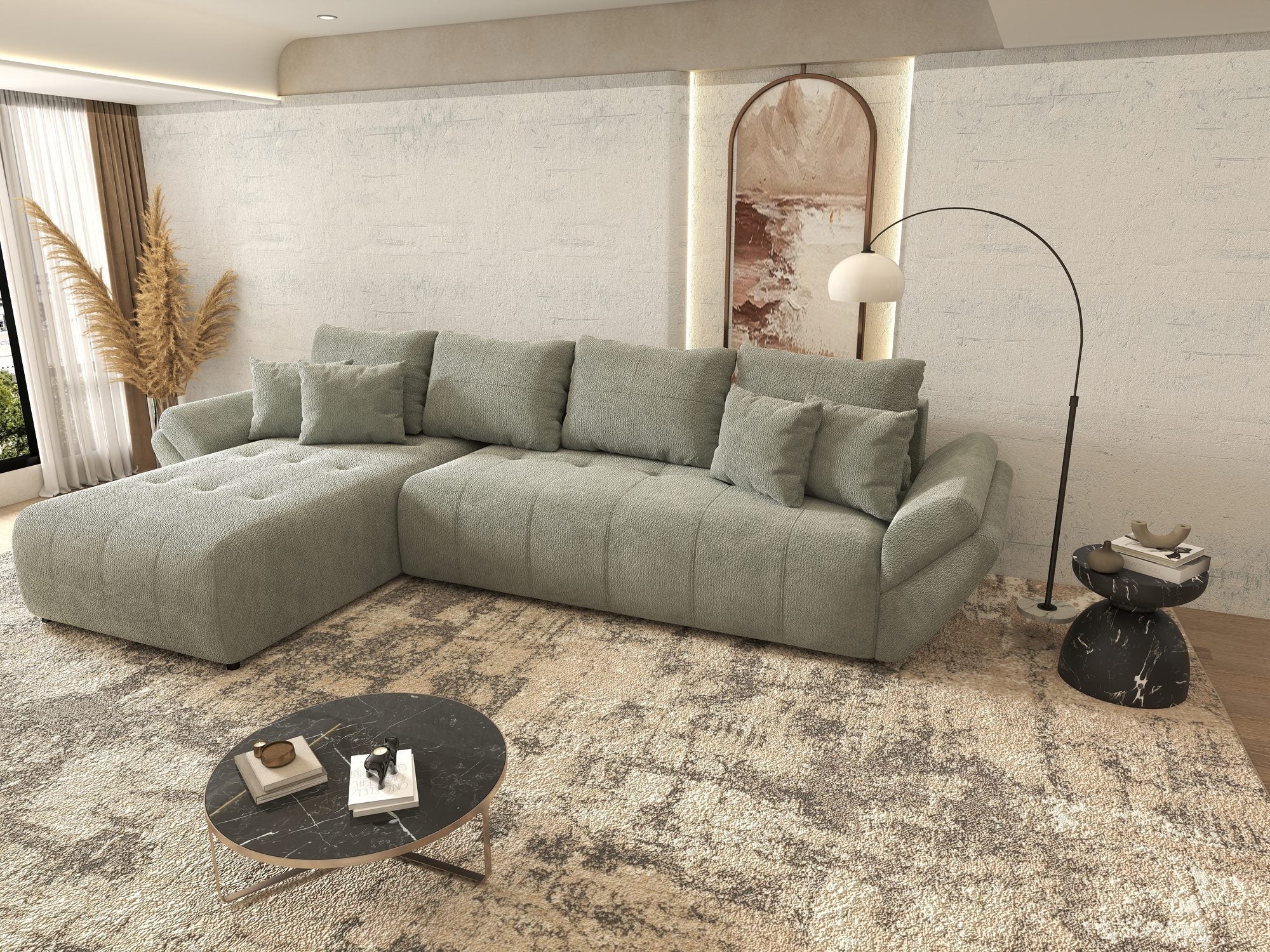Colțar extensibil dumonde cu ladă de depozitare si sezut confortabil din spuma high-density, Berlin XL Vibe Mint 85 350x185 cm