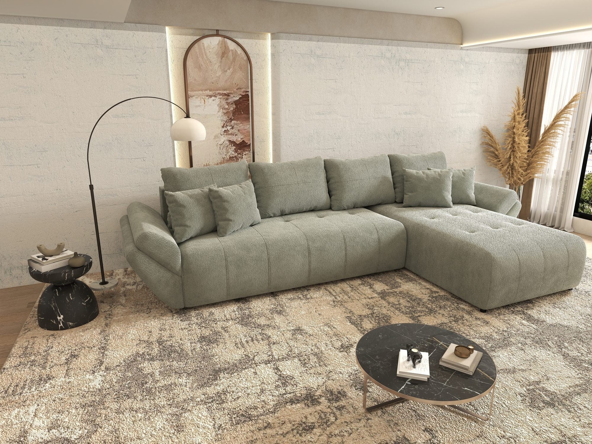 Colțar extensibil dumonde cu ladă de depozitare si sezut confortabil din spuma high-density, Berlin XL Vibe Mint 85 II 350x185 cm