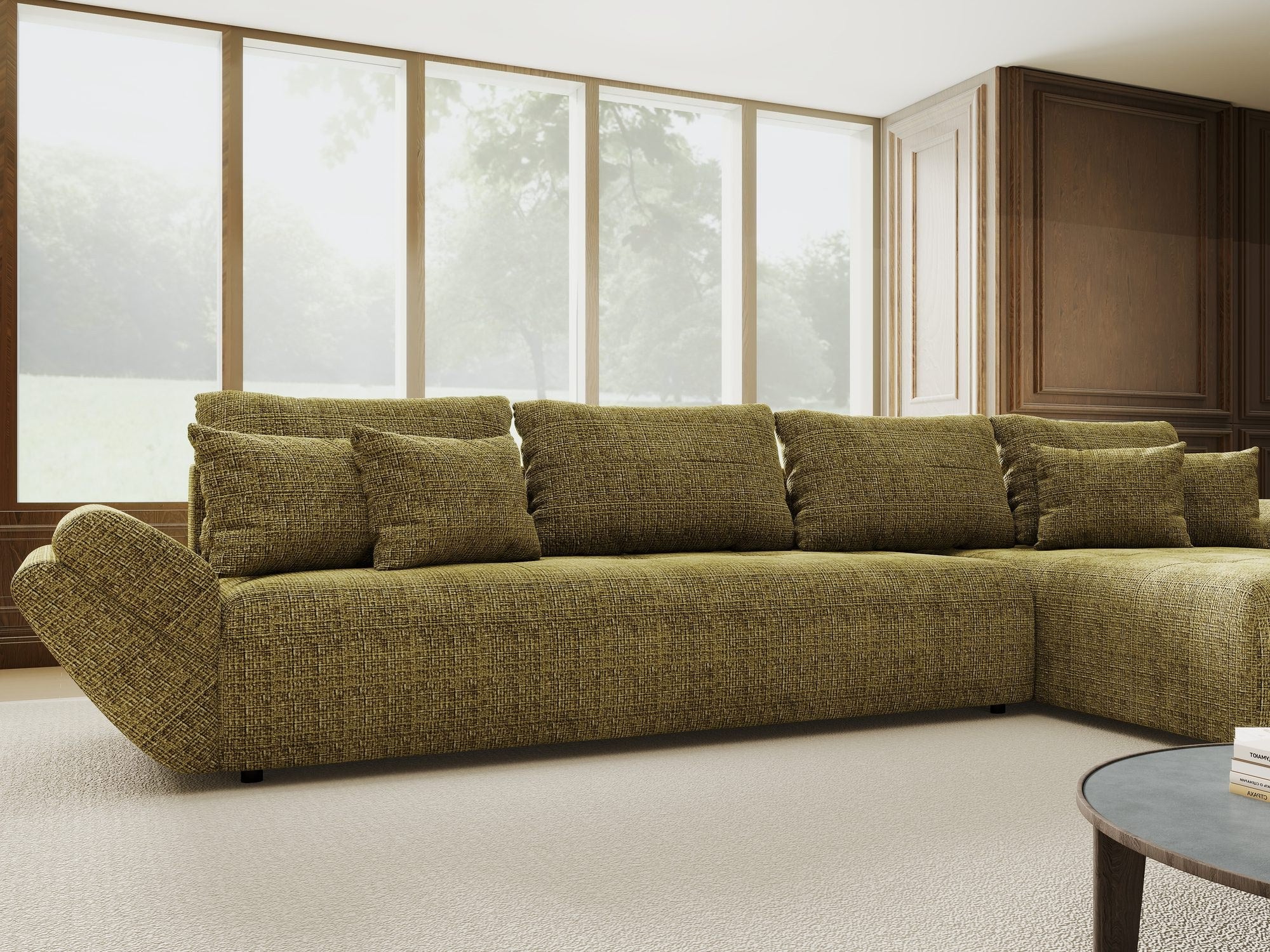 Colțar extensibil dumonde cu ladă de depozitare si sezut confortabil din spuma high-density, Berlin XL Cremona Olive 38 II 350x185 cm
