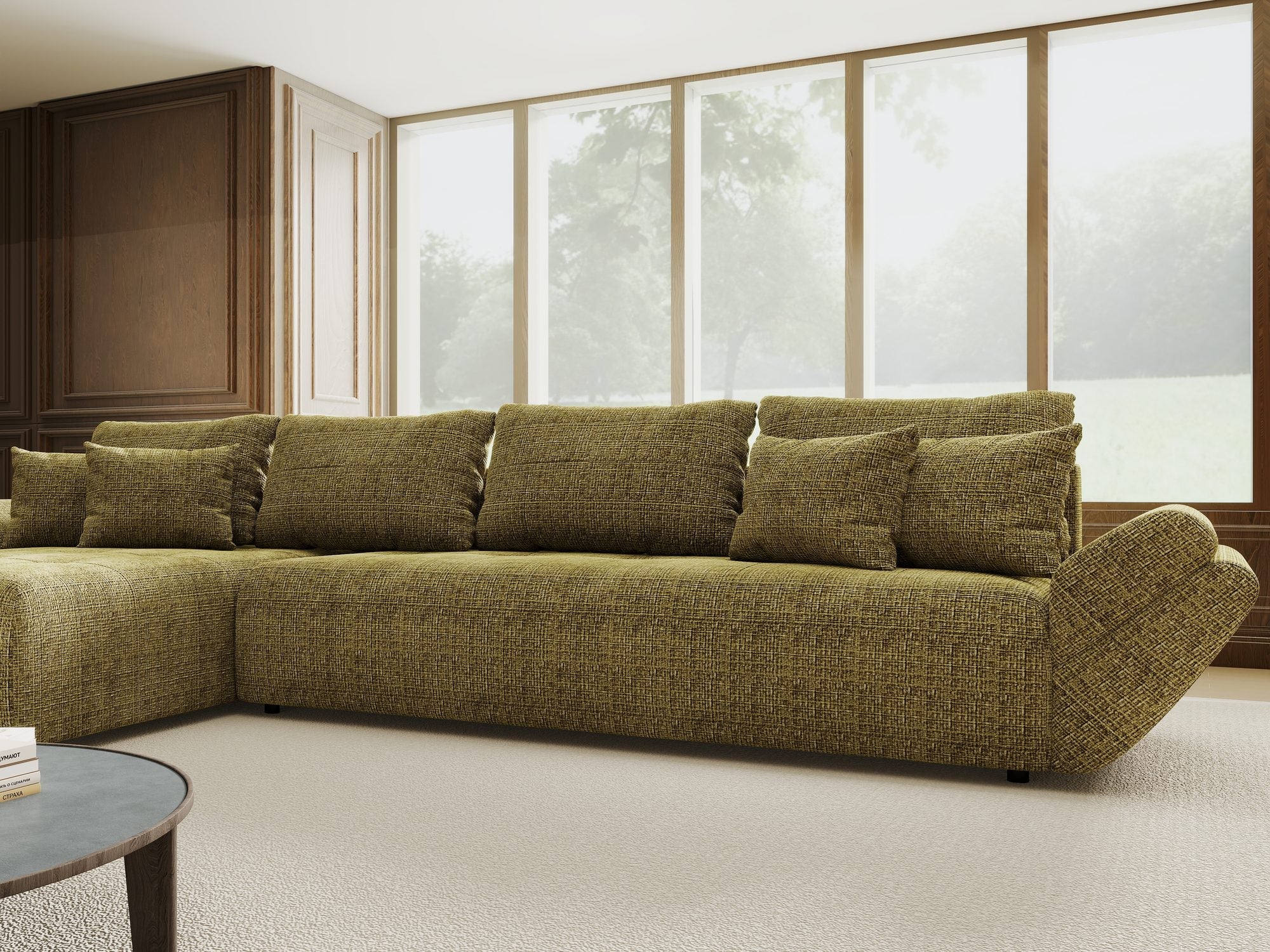 Colțar extensibil dumonde cu ladă de depozitare si sezut confortabil din spuma high-density, Berlin XL Cremona Olive 38 350x185 cm