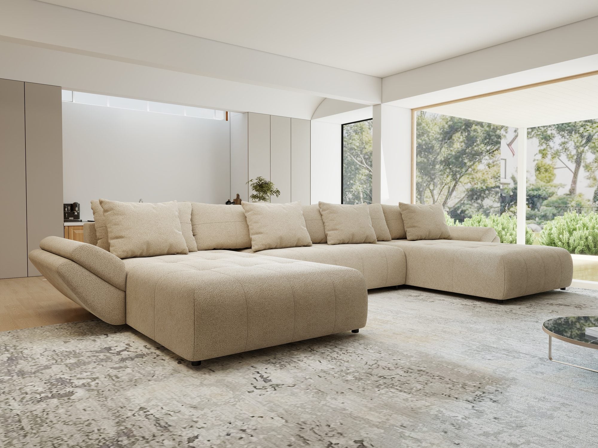 Colțar extensibil dumonde cu ladă de depozitare si sezut confortabil din spuma high-density, Berlin U Quelle Bej 05 380x180 cm