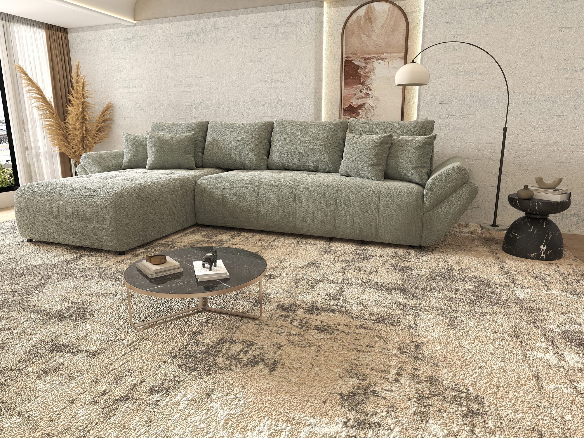 Colțar extensibil dumonde cu ladă de depozitare si sezut confortabil din spuma high-density, Berlin XL Vibe Mint 85 350x185 cm