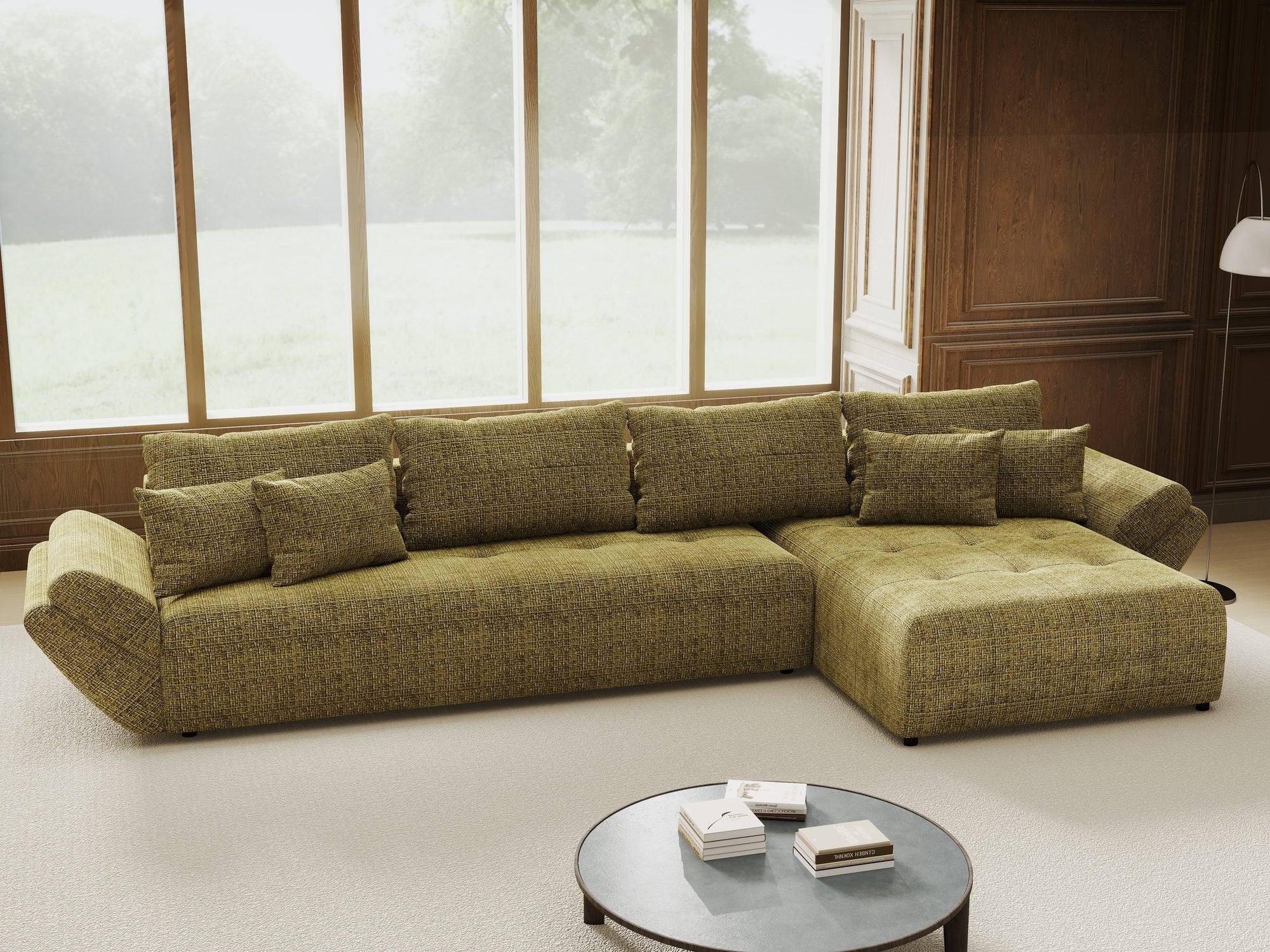 Colțar extensibil dumonde cu ladă de depozitare si sezut confortabil din spuma high-density, Berlin XL Cremona Olive 38 II 350x185 cm