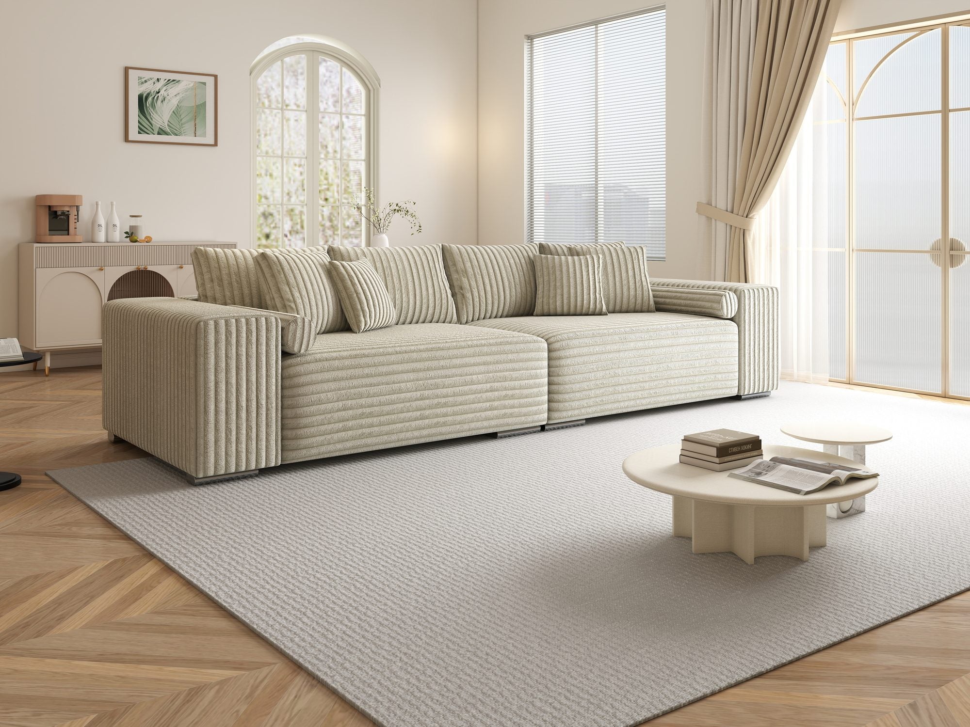 Canapea extensibilă dumonde cu ladă de depozitare si sezut confortabil din spuma high-density, Marbela XXL Tilia Bej 08 290x100 cm