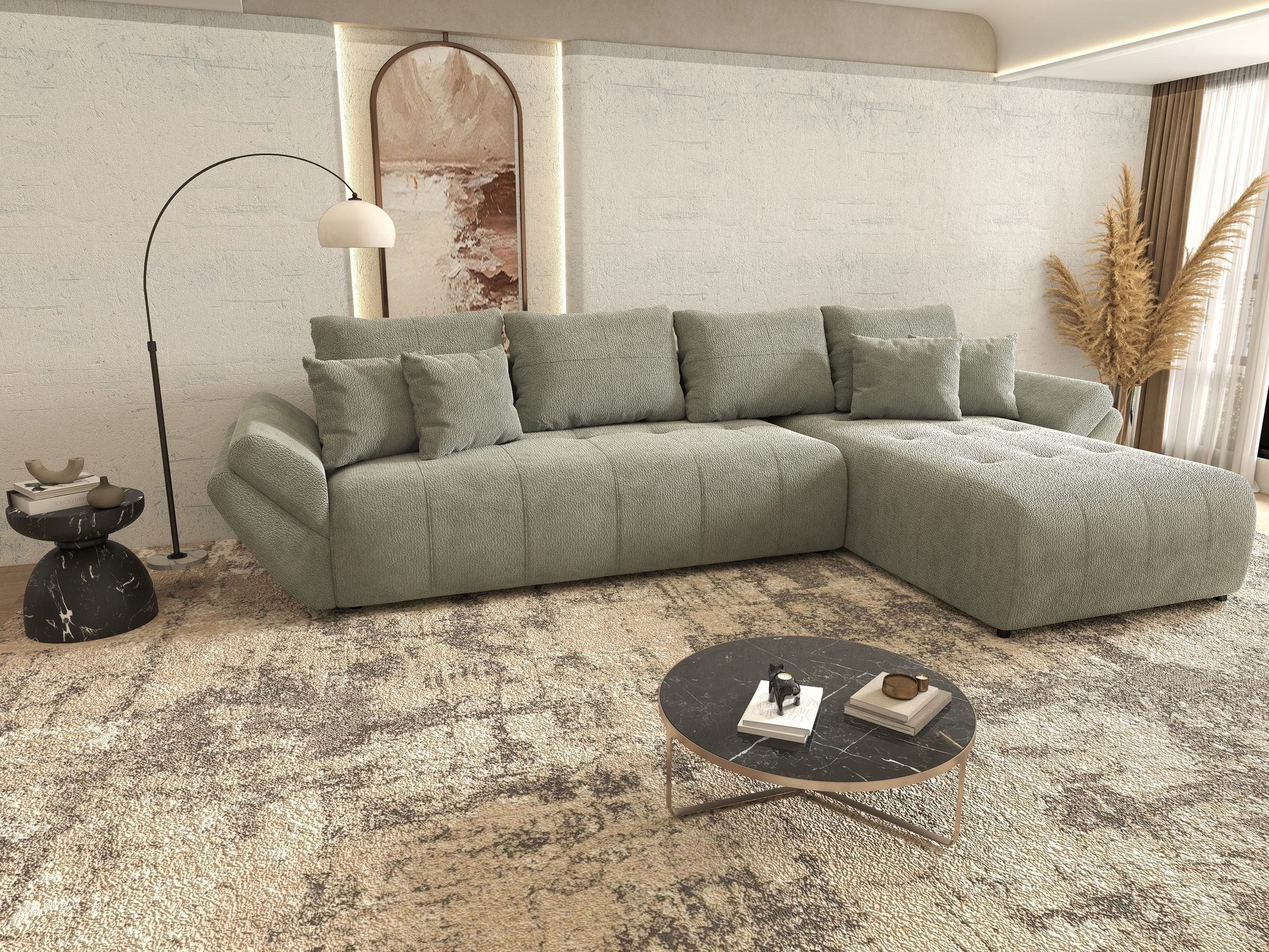 Colțar extensibil dumonde cu ladă de depozitare si sezut confortabil din spuma high-density, Berlin XL Vibe Mint 85 II 350x185 cm