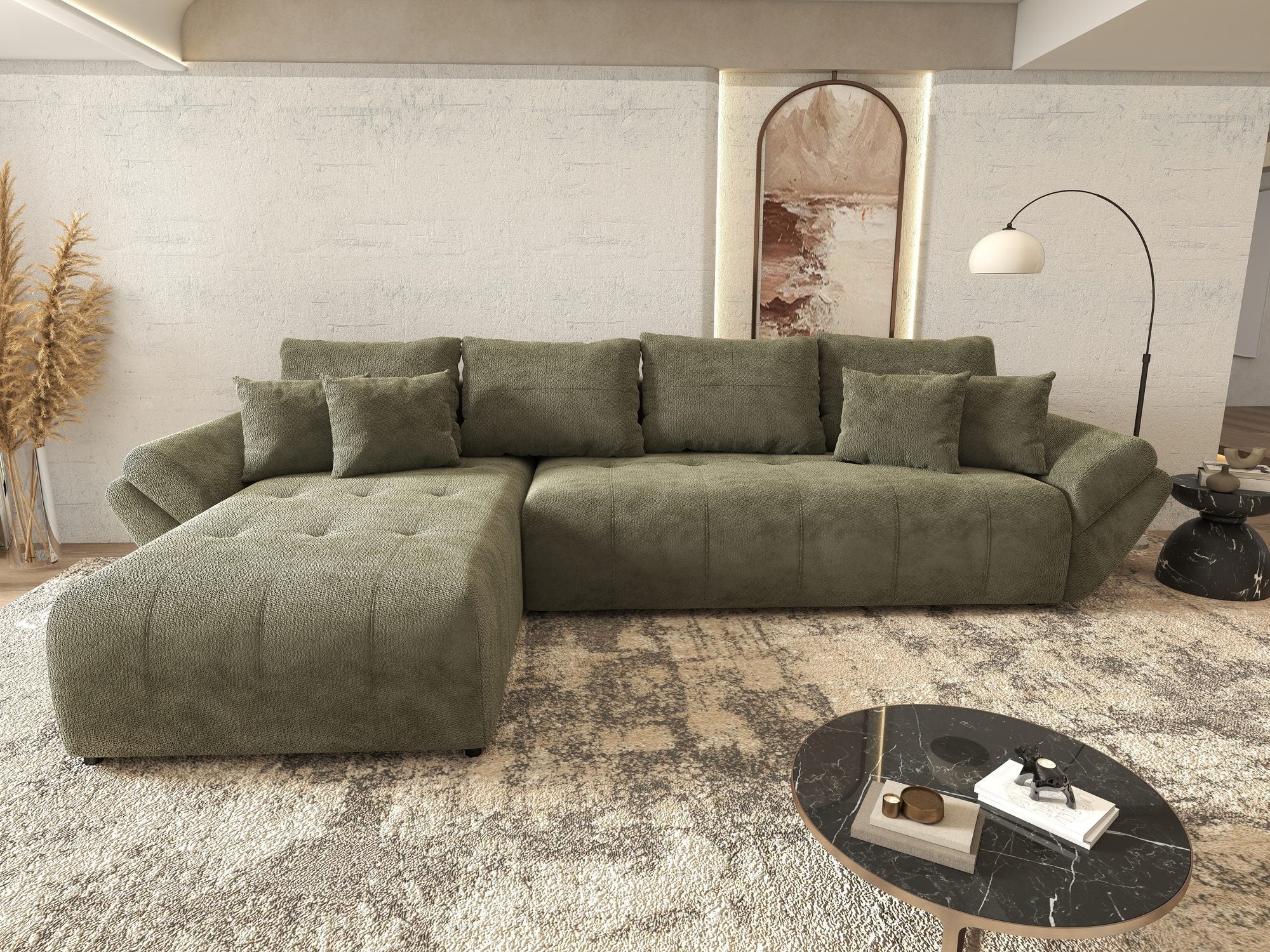 Colțar extensibil dumonde cu ladă de depozitare si sezut confortabil din spuma high-density, Berlin XL Vibe Olive 38 350x185 cm