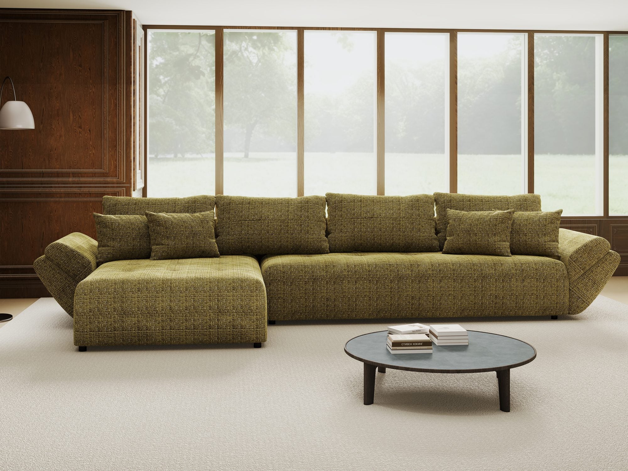 Colțar extensibil dumonde cu ladă de depozitare si sezut confortabil din spuma high-density, Berlin XL Cremona Olive 38 350x185 cm