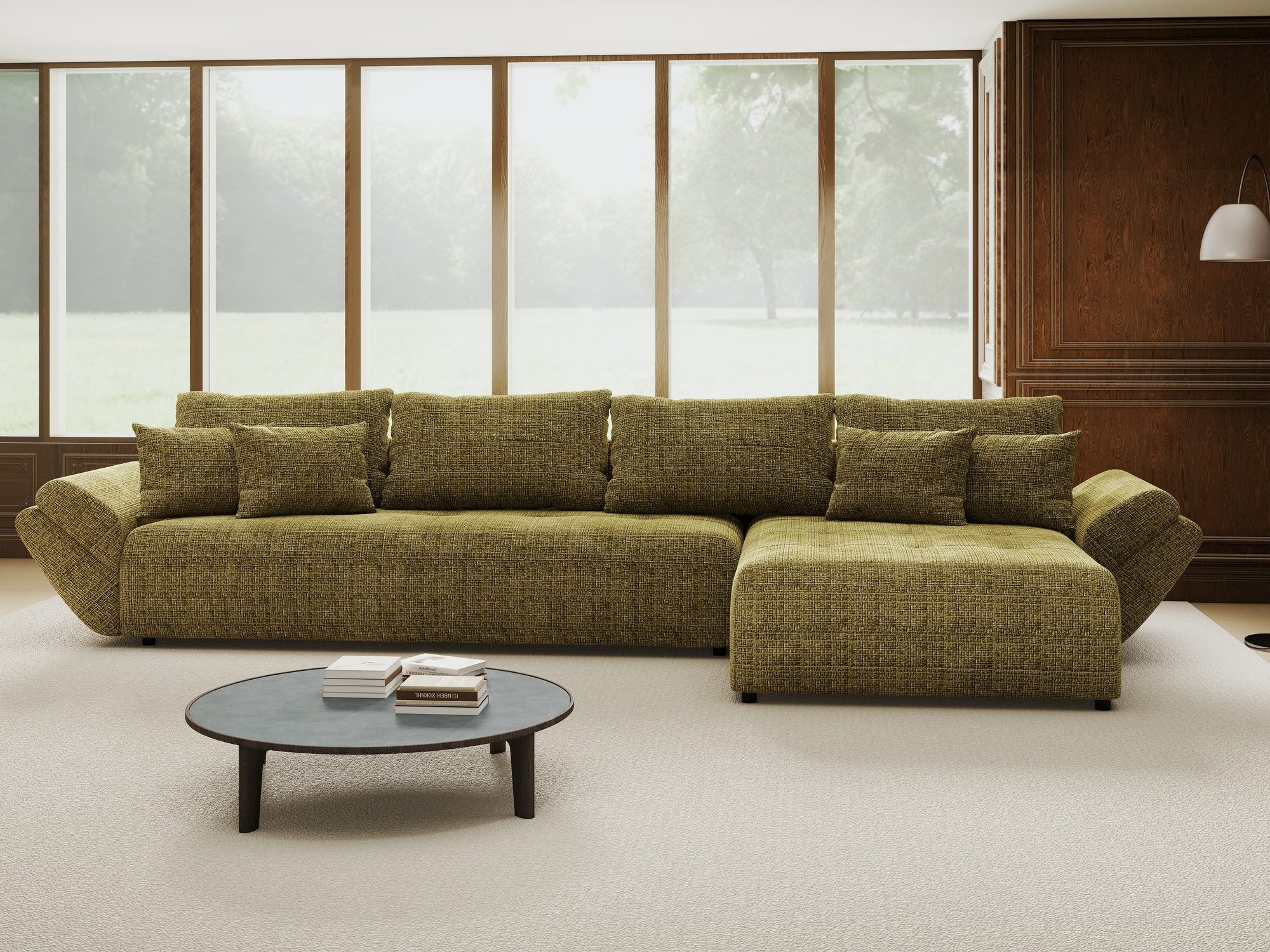 Colțar extensibil dumonde cu ladă de depozitare si sezut confortabil din spuma high-density, Berlin XL Cremona Olive 38 II 350x185 cm