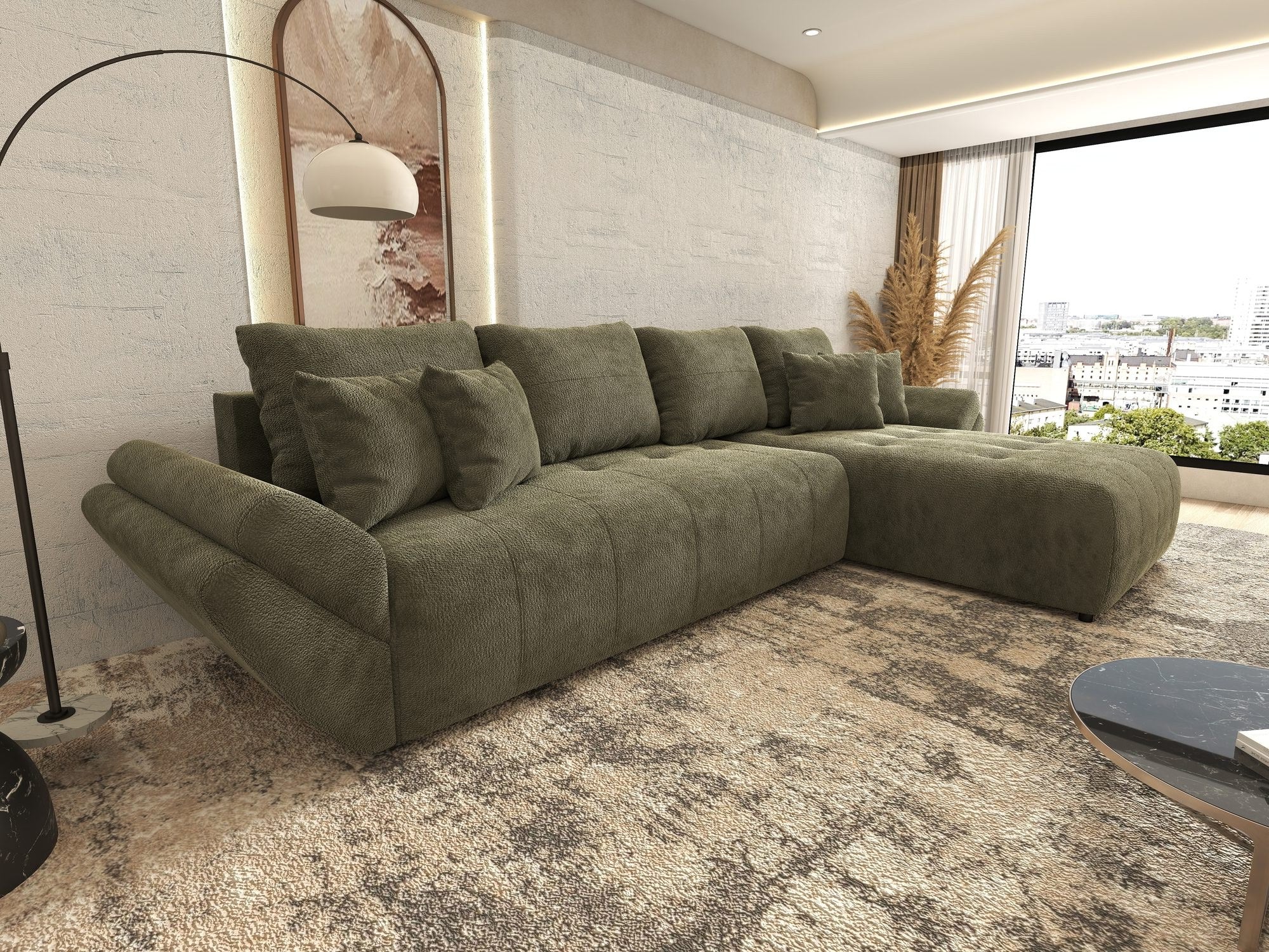 Colțar extensibil dumonde cu ladă de depozitare si sezut confortabil din spuma high-density, Berlin XL Vibe Olive 38 II 350x185 cm