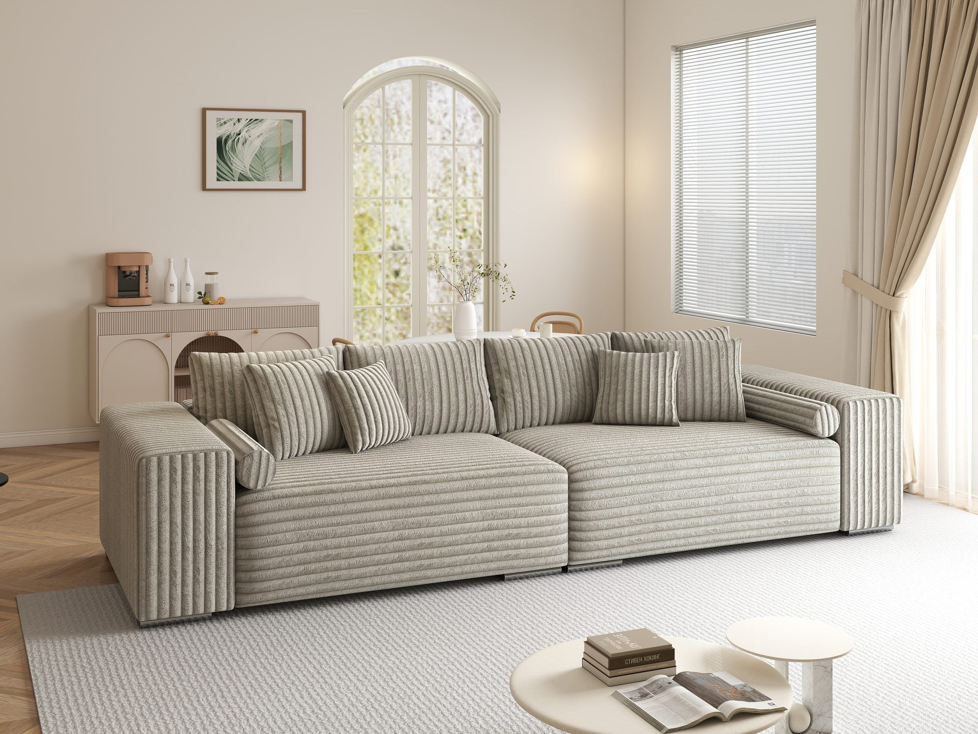 Canapea extensibilă dumonde cu ladă de depozitare si sezut confortabil din spuma high-density, Marbela XXL Tilia Gri- Bej 11 290x100 cm