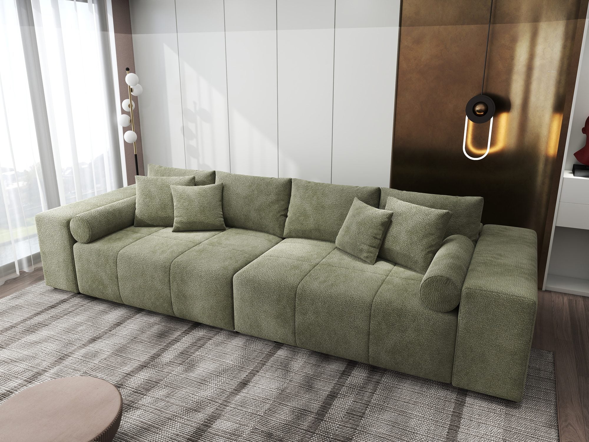 Canapea extensibilă dumonde cu ladă de depozitare si sezut confortabil din spuma high-density, Marbela XXL Vibe Olive 38 290x100 cm