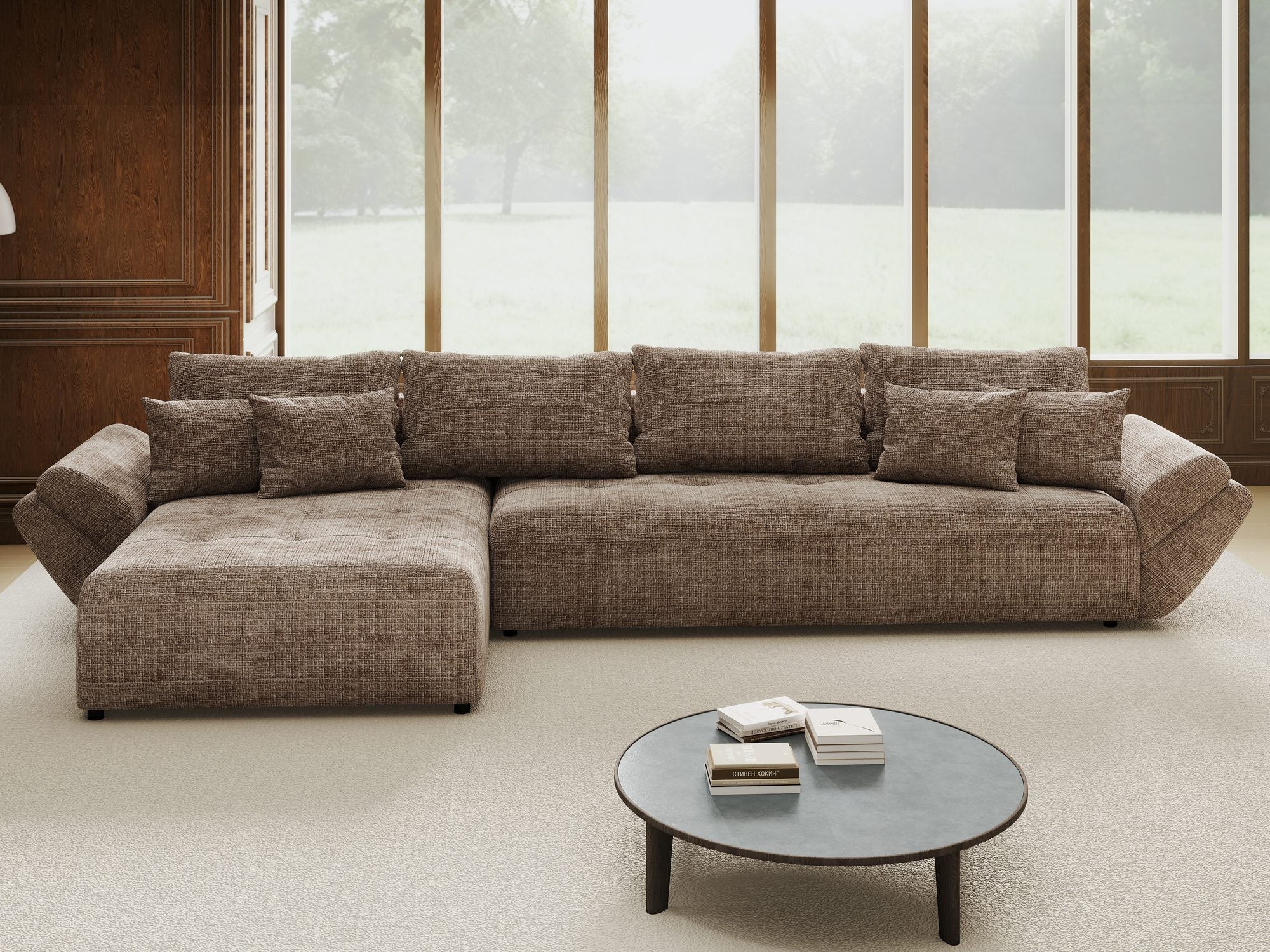 Colțar extensibil dumonde cu ladă de depozitare si sezut confortabil din spuma high-density, Berlin XL Cremona Maro-bej 24 350x185 cm