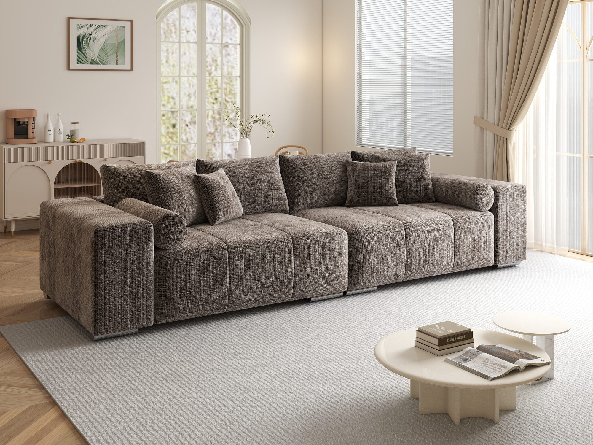 Canapea extensibilă dumonde cu ladă de depozitare si sezut confortabil din spuma high-density, Marbela XXL Cremona Maro-bej 24 290x100 cm