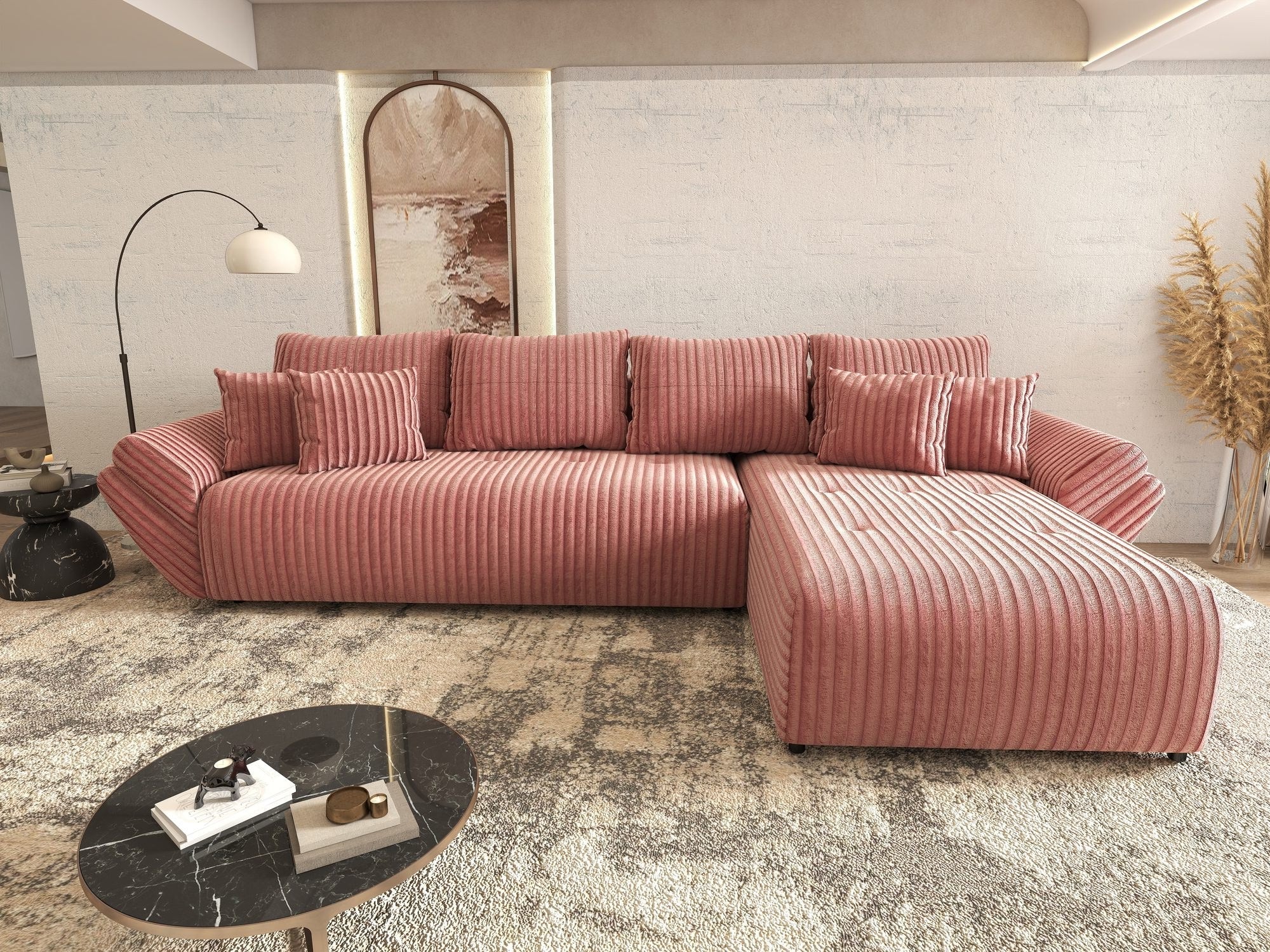 Colțar extensibil dumonde cu ladă de depozitare si sezut confortabil din spuma high-density, Berlin XL Tilia Roz Pudrat 62 II 350x185 cm