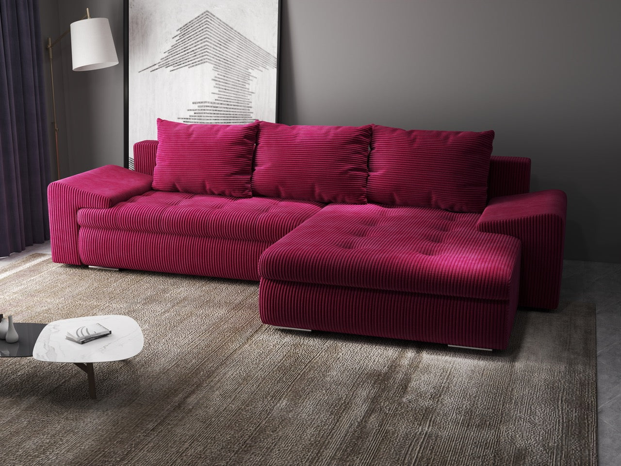 Colțar extensibil dumonde cu ladă de depozitare si sezut confortabil din spuma HR, Leonardo Zoom Rosu 260x185 cm II Fabrica