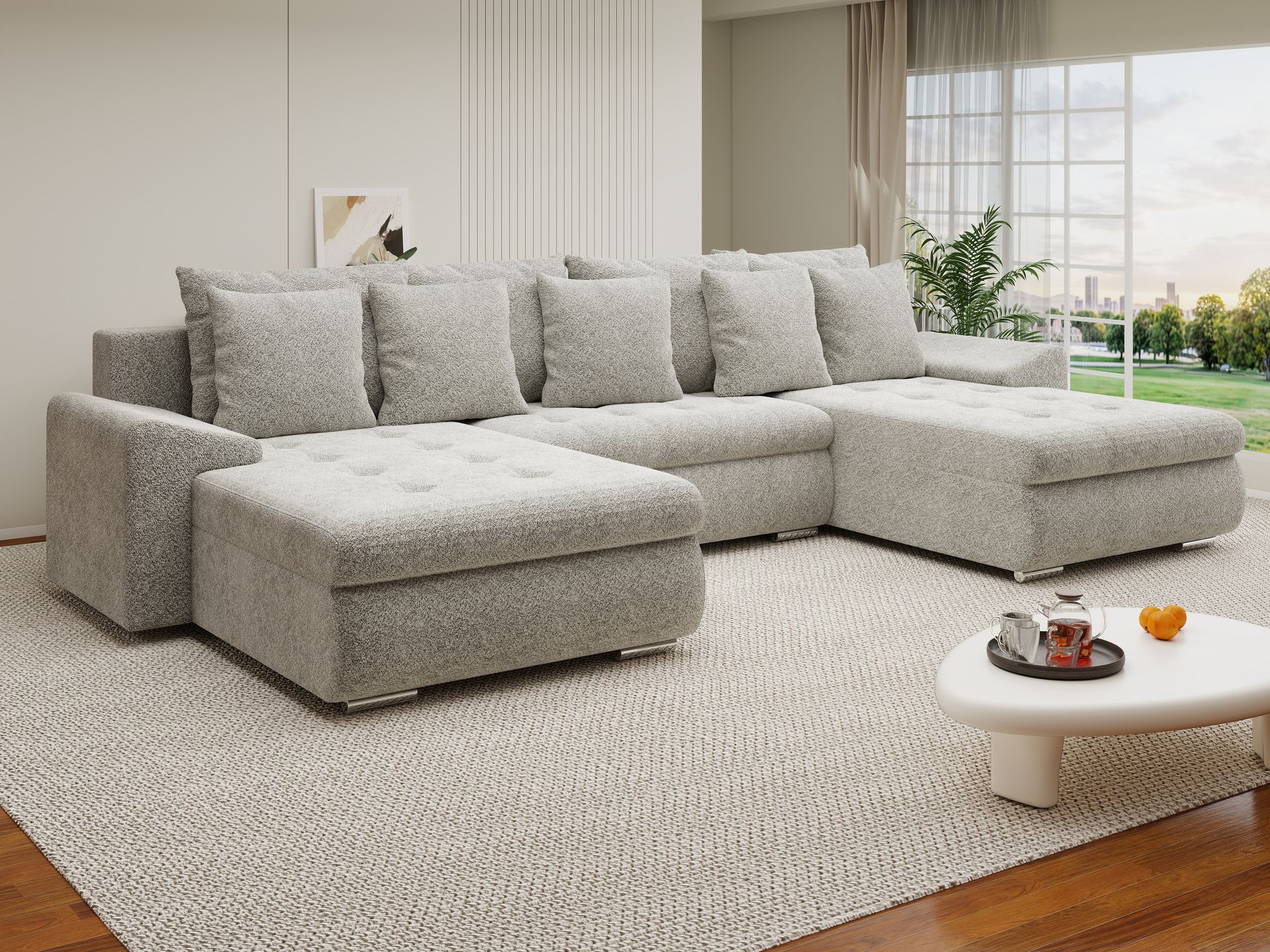 Colțar extensibil dumonde cu ladă de depozitare si sezut confortabil din spuma high-density, Leonardo U Arena Bej 02 360x185 cm