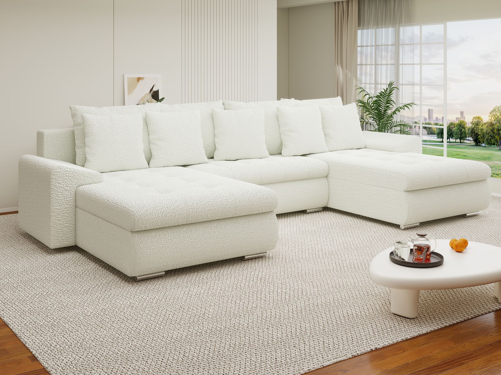 Colțar extensibil dumonde cu ladă de depozitare si sezut confortabil din spuma high-density, Leonardo U Jaguar Ivory 01 360x185 cm