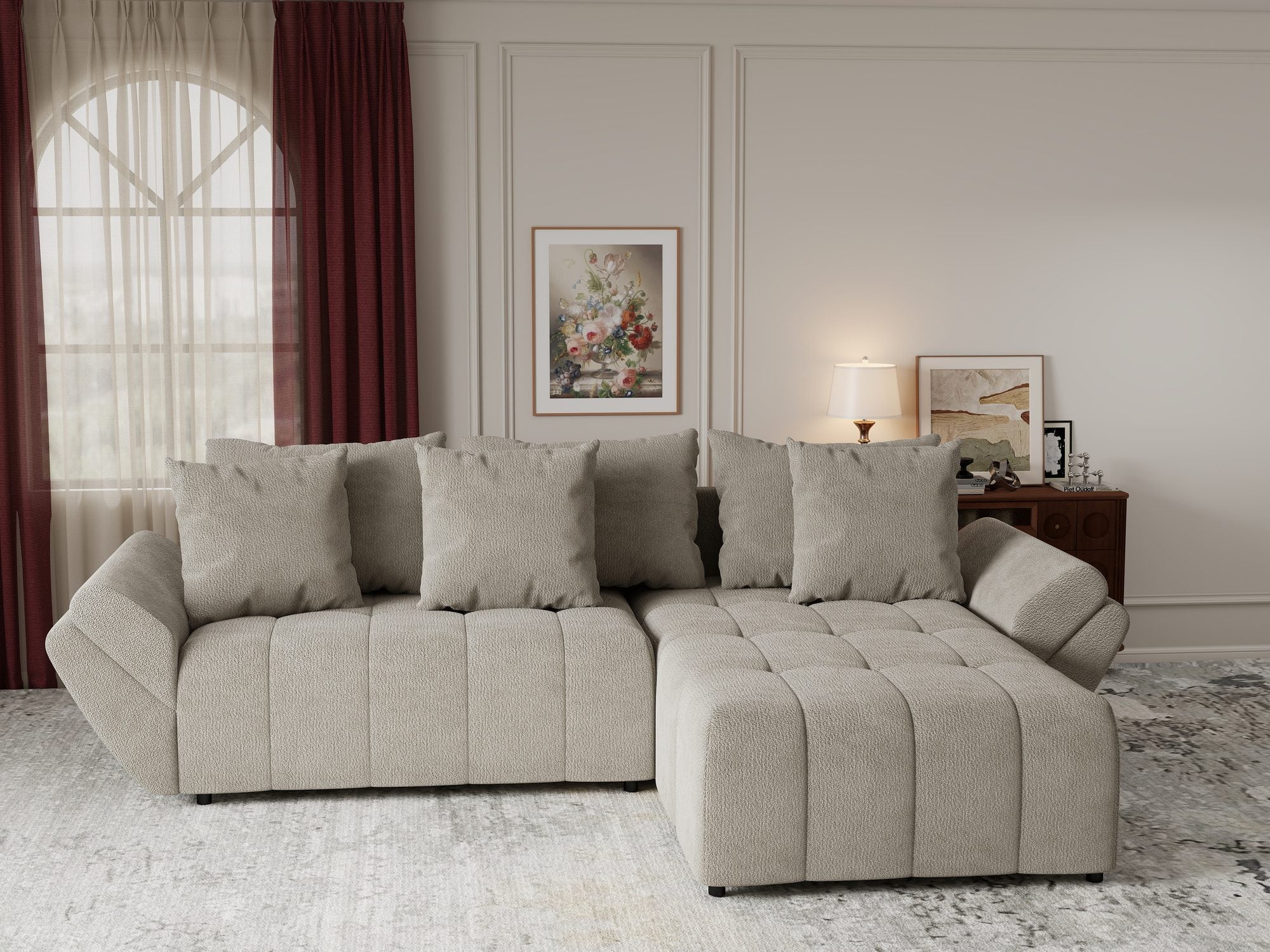 Colțar extensibil dumonde cu ladă de depozitare si sezut confortabil din spuma high-density, Berlin Vibe Bej 06 II 280x185 cm