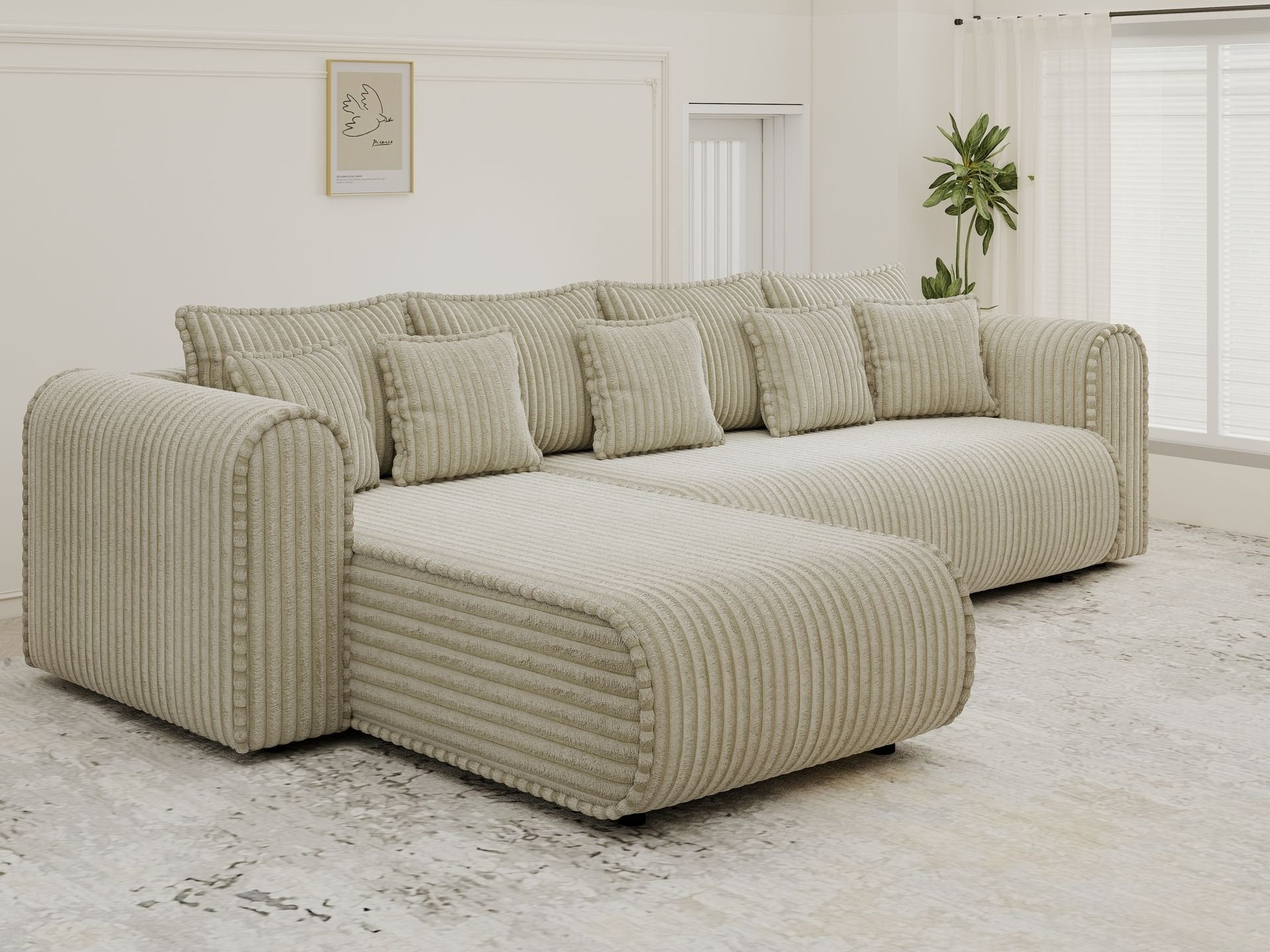 Colțar extensibil dumonde cu ladă de depozitare si sezut confortabil din spuma high-density, Monaco XL Tilia Bej 340x185 cm