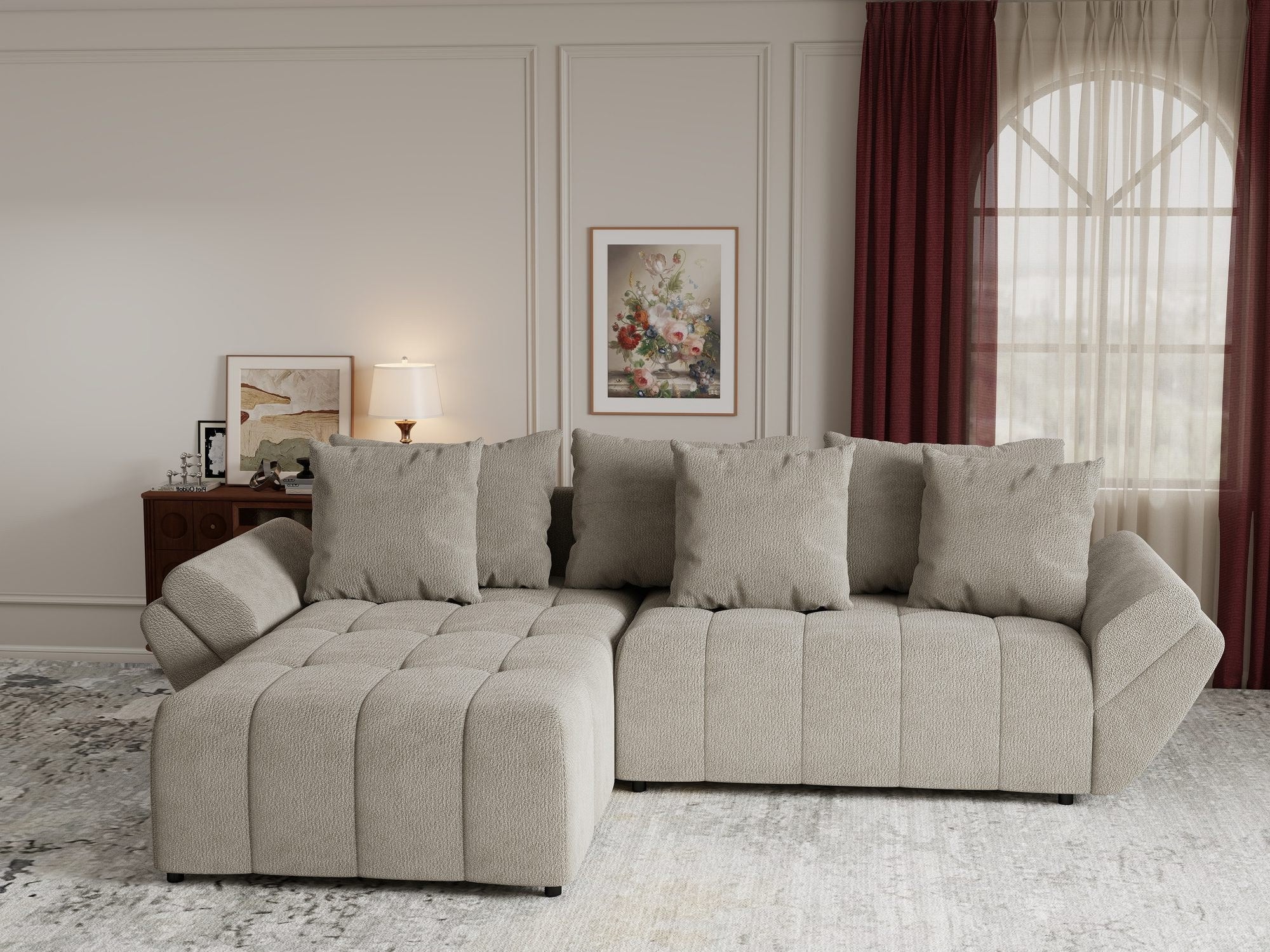 Colțar extensibil dumonde cu ladă de depozitare si sezut confortabil din spuma high-density, Berlin Vibe Bej 06 280x185 cm