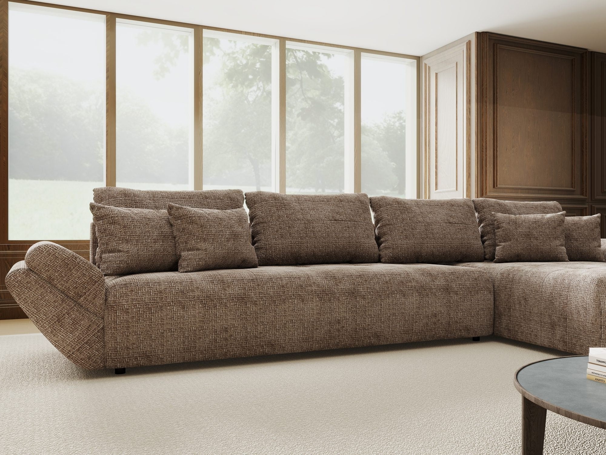 Colțar extensibil dumonde cu ladă de depozitare si sezut confortabil din spuma high-density, Berlin XL Cremona Maro-bej 24 II 350x185 cm
