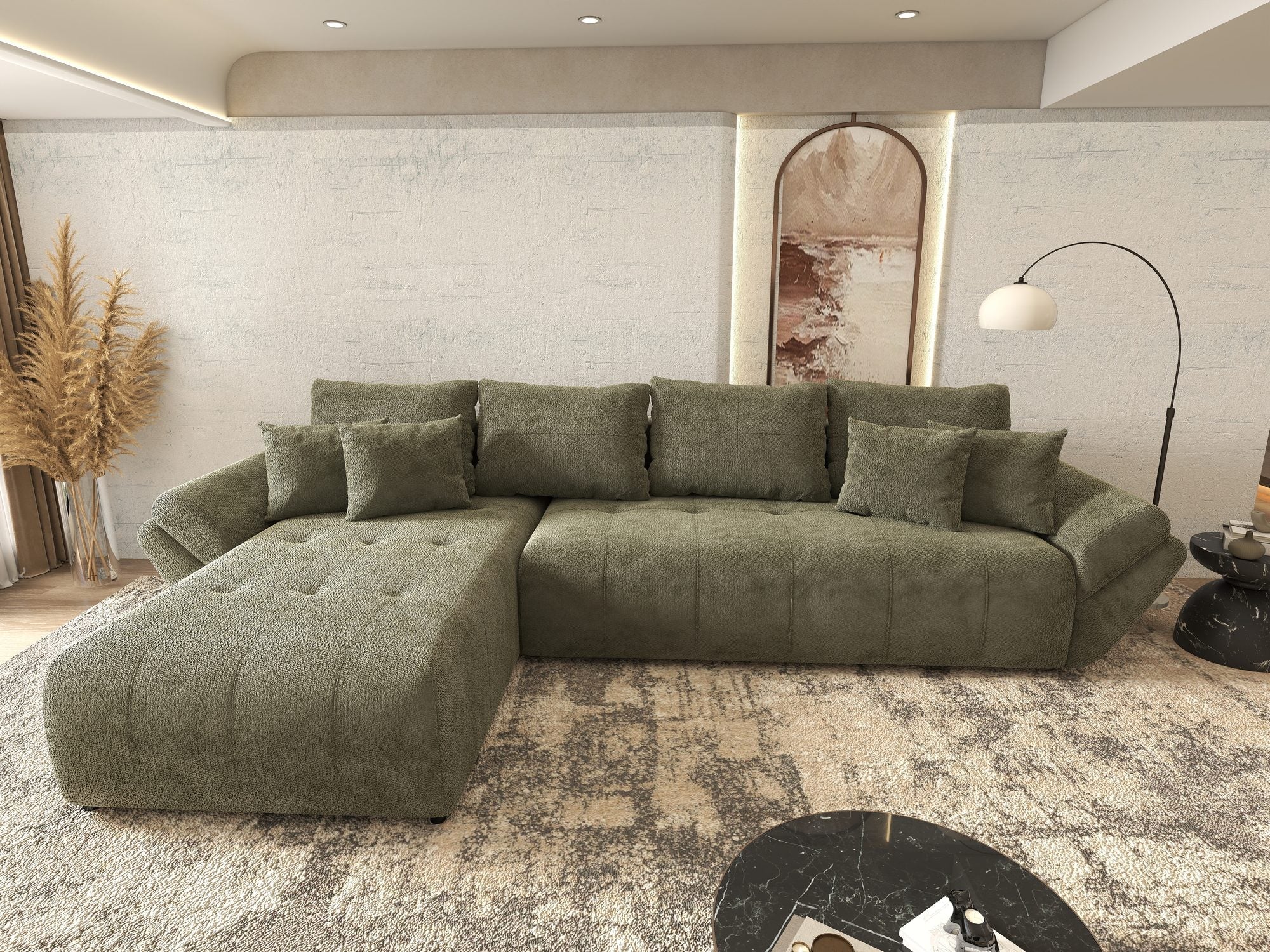 Colțar extensibil dumonde cu ladă de depozitare si sezut confortabil din spuma high-density, Berlin XL Vibe Olive 38 350x185 cm