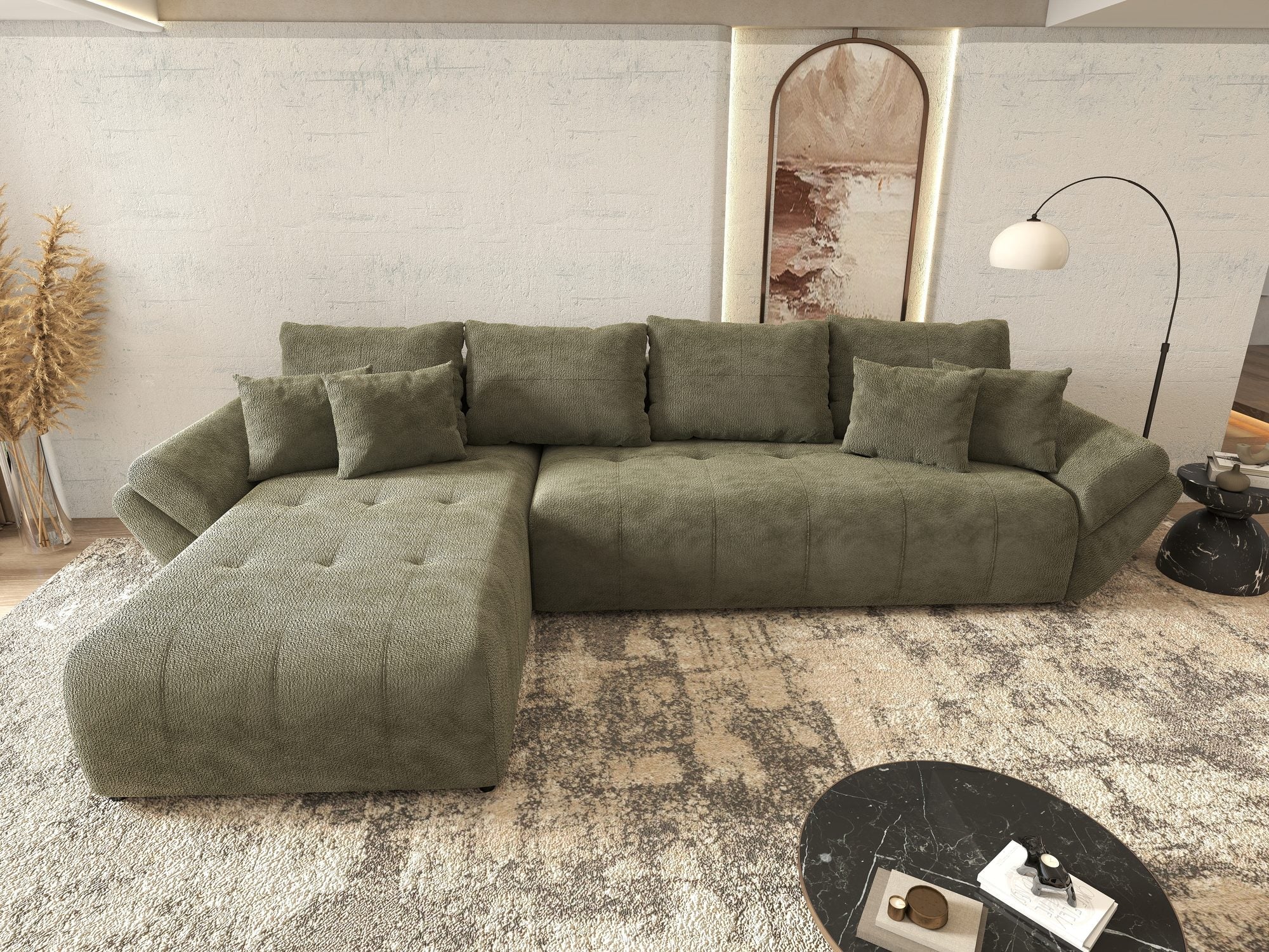 Colțar extensibil dumonde cu ladă de depozitare si sezut confortabil din spuma high-density, Berlin XL Vibe Olive 38 350x185 cm