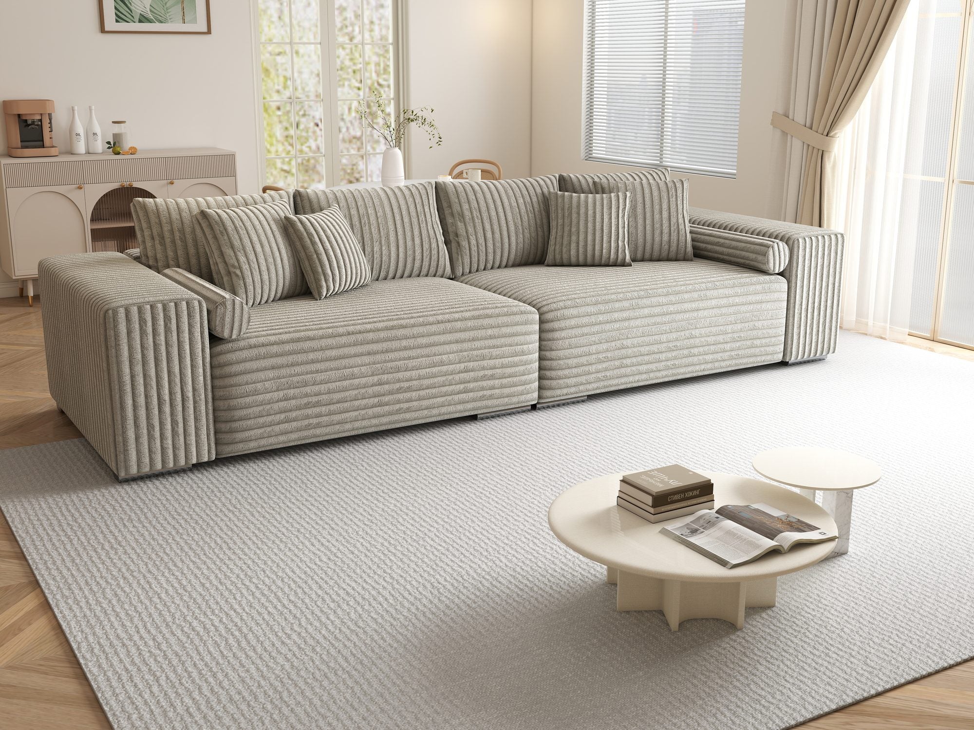 Canapea extensibilă dumonde cu ladă de depozitare si sezut confortabil din spuma high-density, Marbela XXL Tilia Gri- Bej 11 290x100 cm