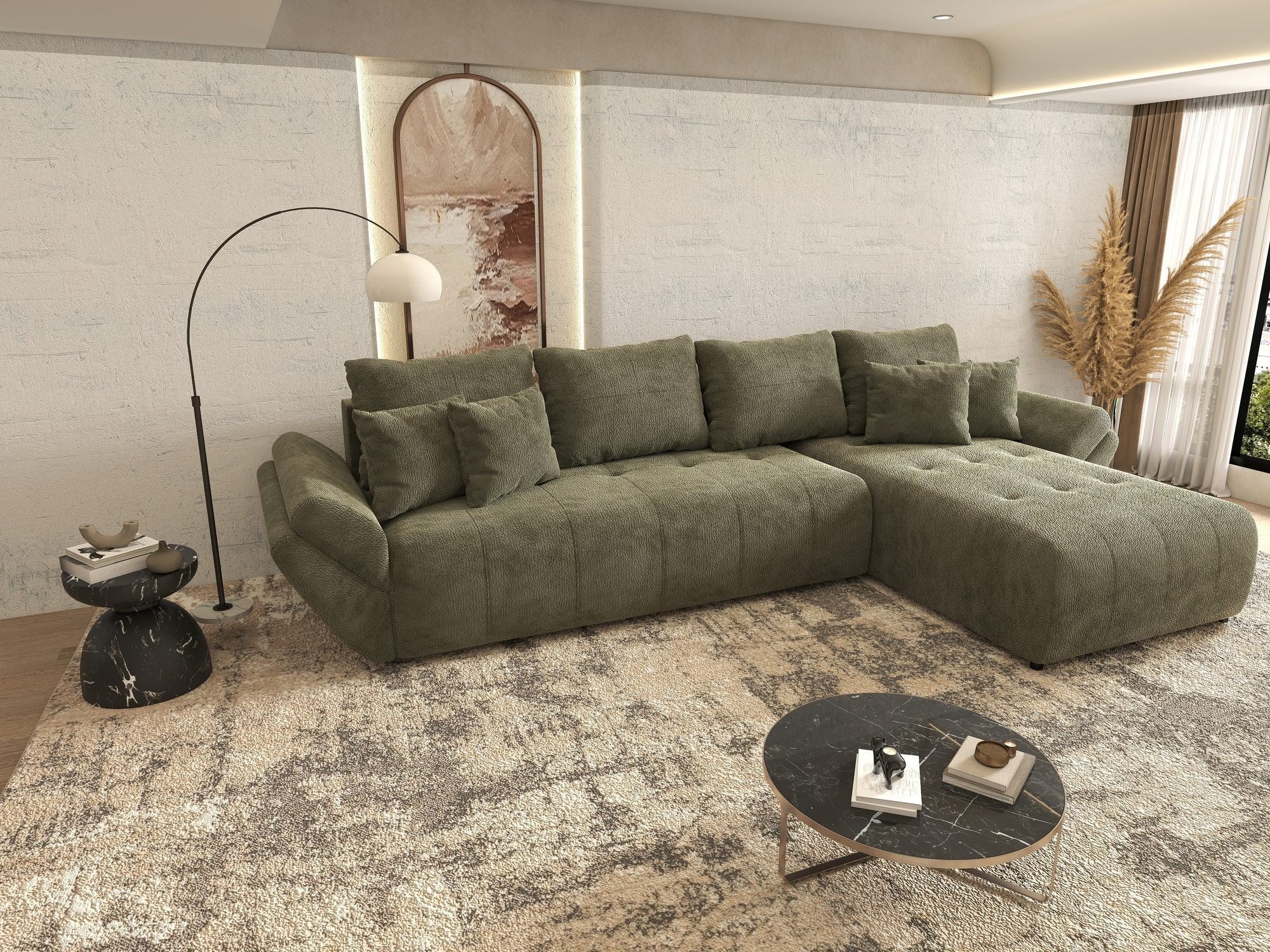 Colțar extensibil dumonde cu ladă de depozitare si sezut confortabil din spuma high-density, Berlin XL Vibe Olive 38 II 350x185 cm
