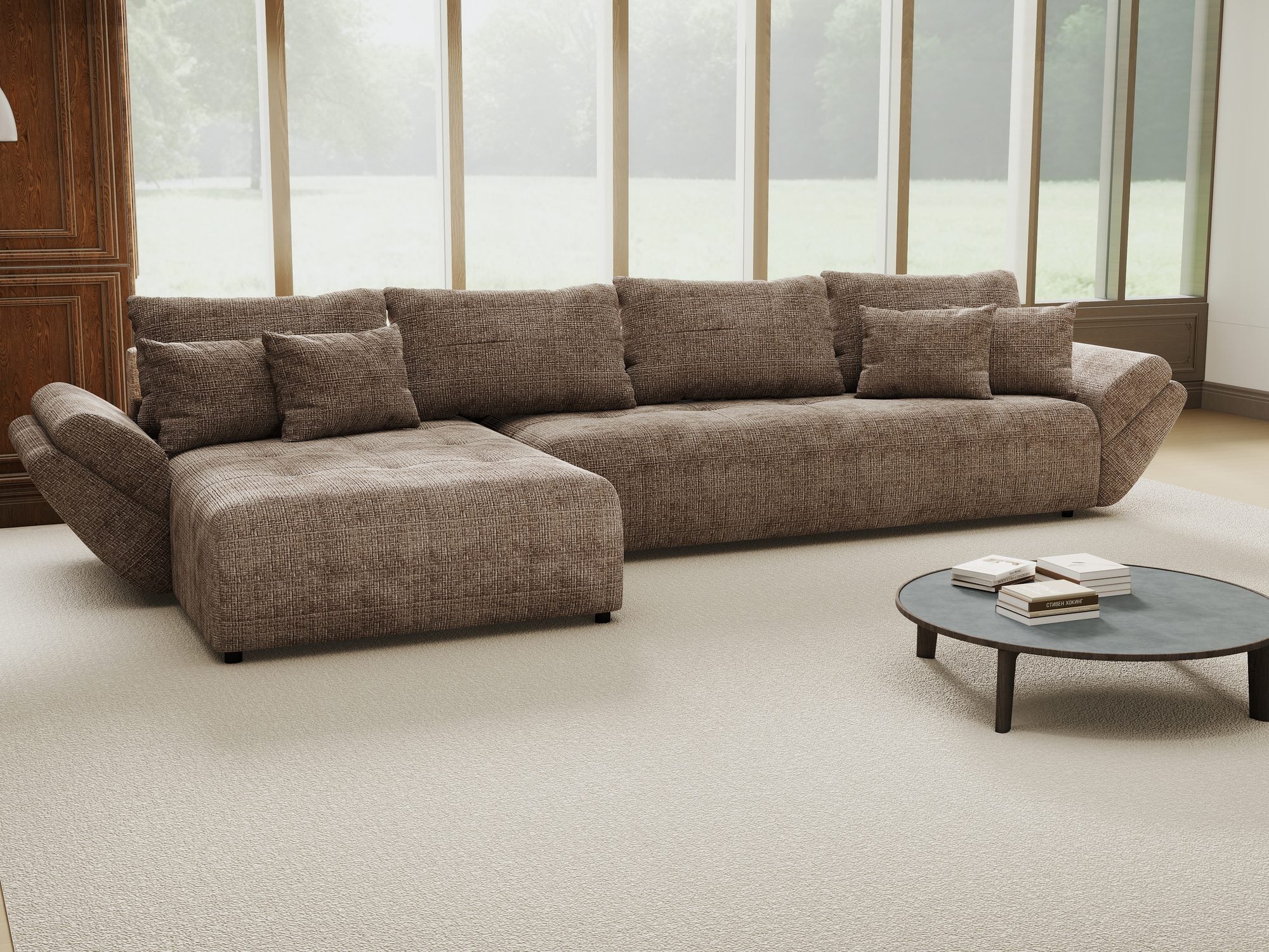 Colțar extensibil dumonde cu ladă de depozitare si sezut confortabil din spuma high-density, Berlin XL Cremona Maro-bej 24 350x185 cm