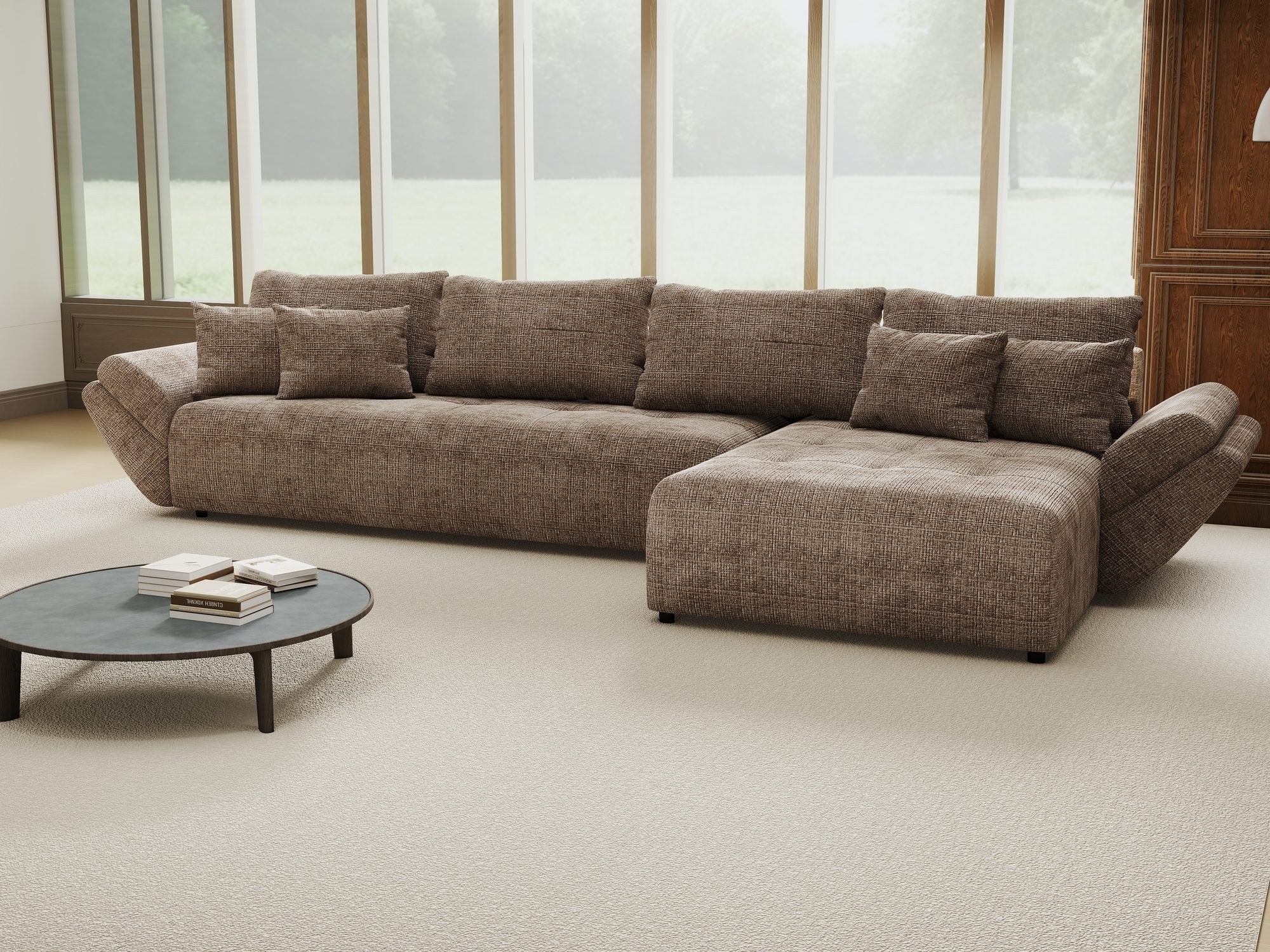 Colțar extensibil dumonde cu ladă de depozitare si sezut confortabil din spuma high-density, Berlin XL Cremona Maro-bej 24 II 350x185 cm