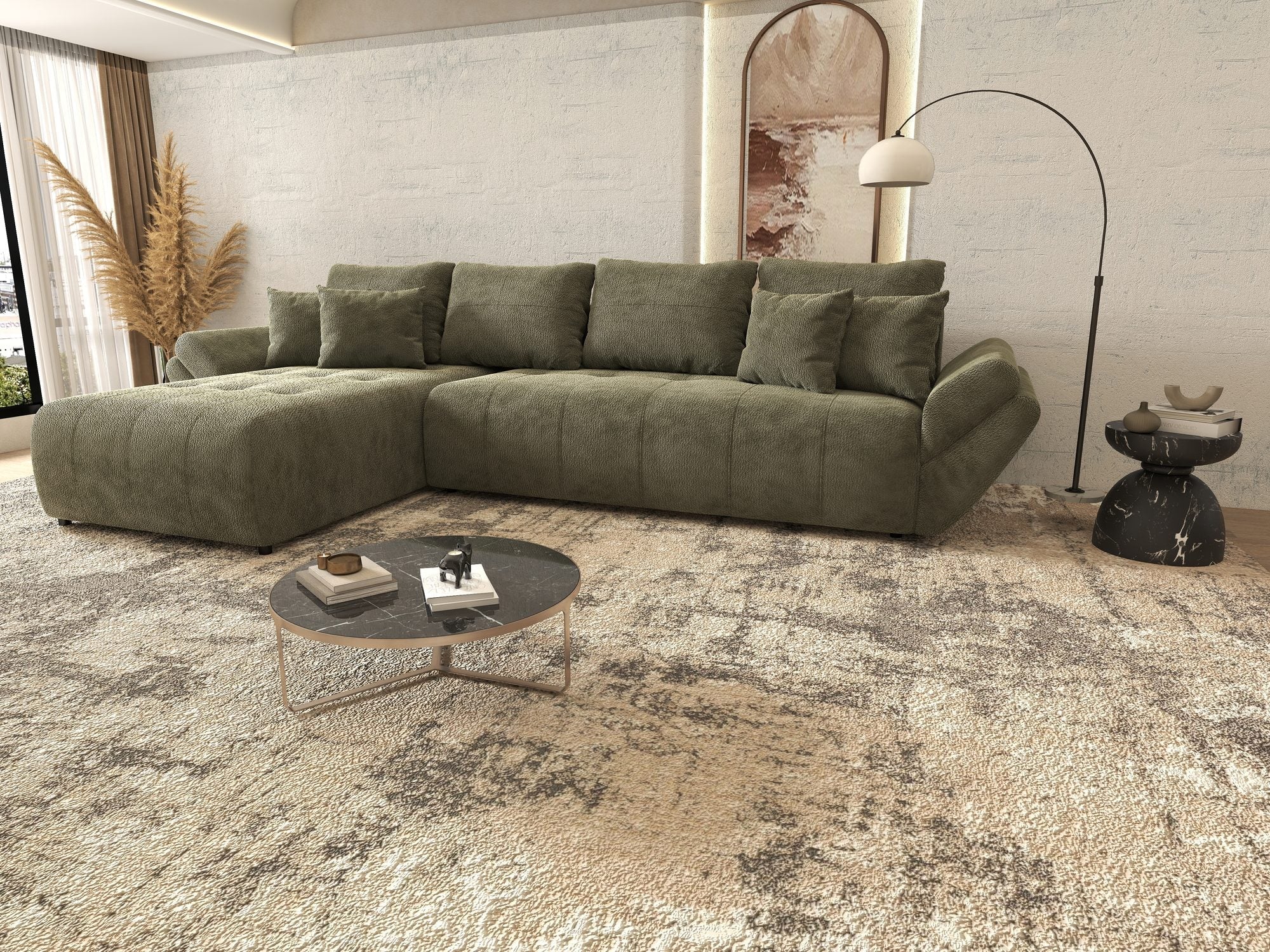 Colțar extensibil dumonde cu ladă de depozitare si sezut confortabil din spuma high-density, Berlin XL Vibe Olive 38 350x185 cm