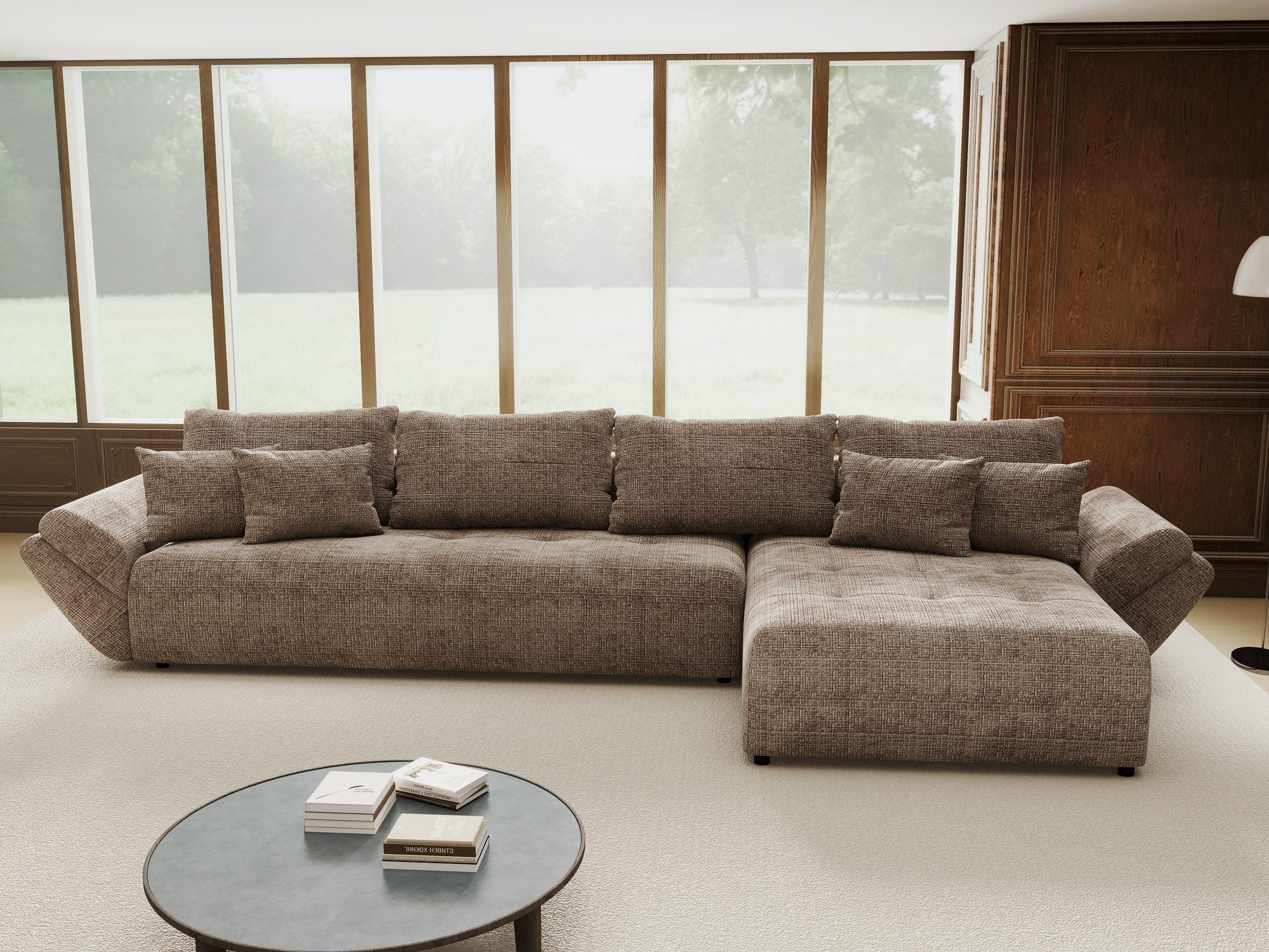 Colțar extensibil dumonde cu ladă de depozitare si sezut confortabil din spuma high-density, Berlin XL Cremona Maro-bej 24 II 350x185 cm