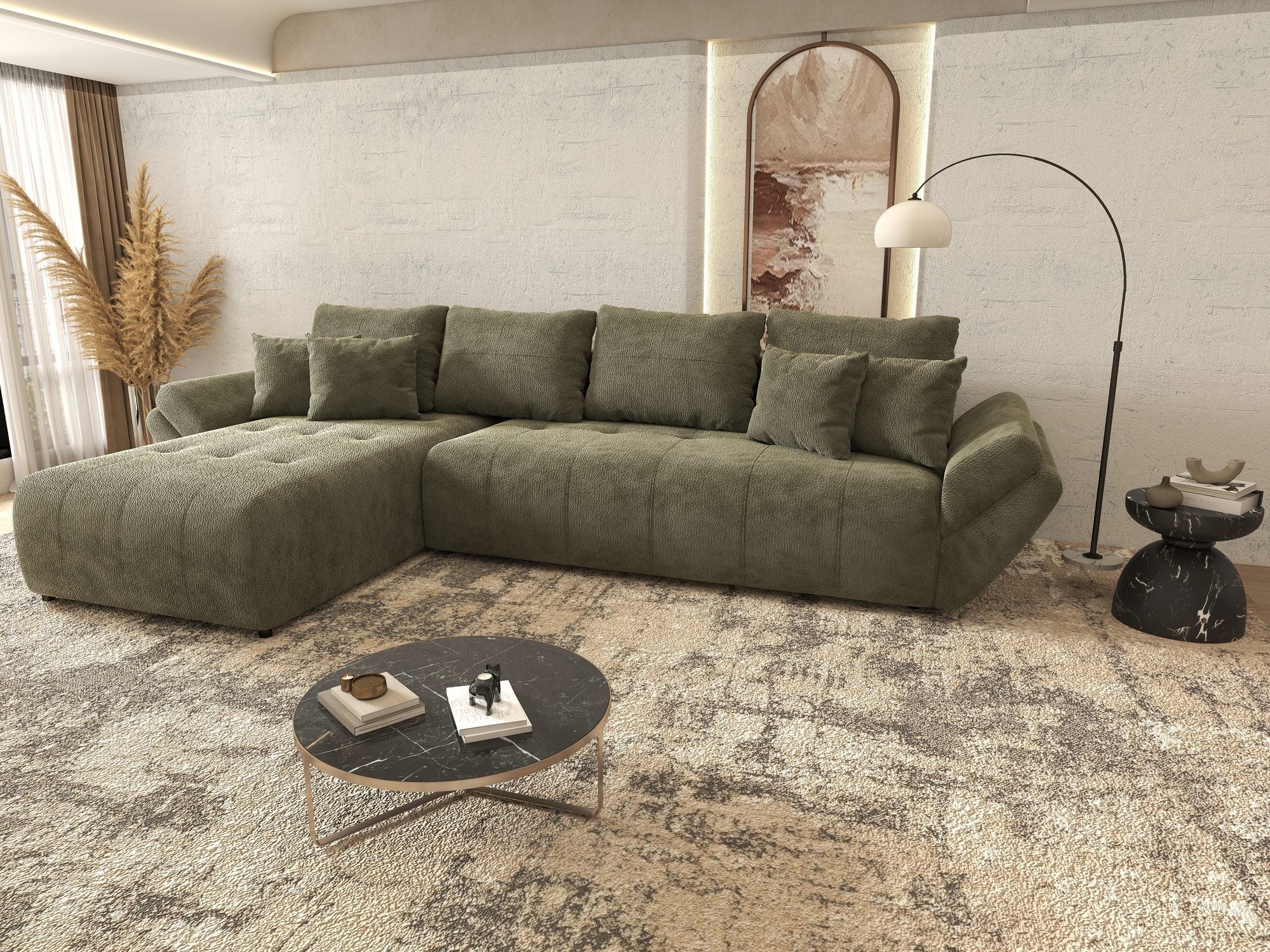 Colțar extensibil dumonde cu ladă de depozitare si sezut confortabil din spuma high-density, Berlin XL Vibe Olive 38 350x185 cm