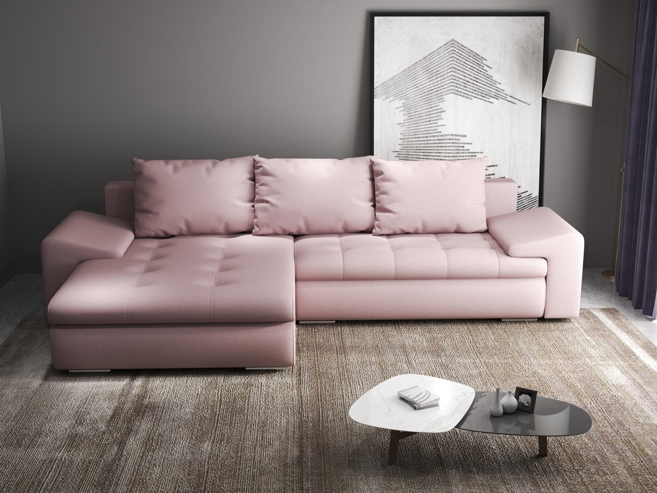 Colțar extensibil dumonde cu ladă de depozitare si sezut confortabil din spuma HR, Leonardo Enjoy Roz 260x185 cm Fabrica